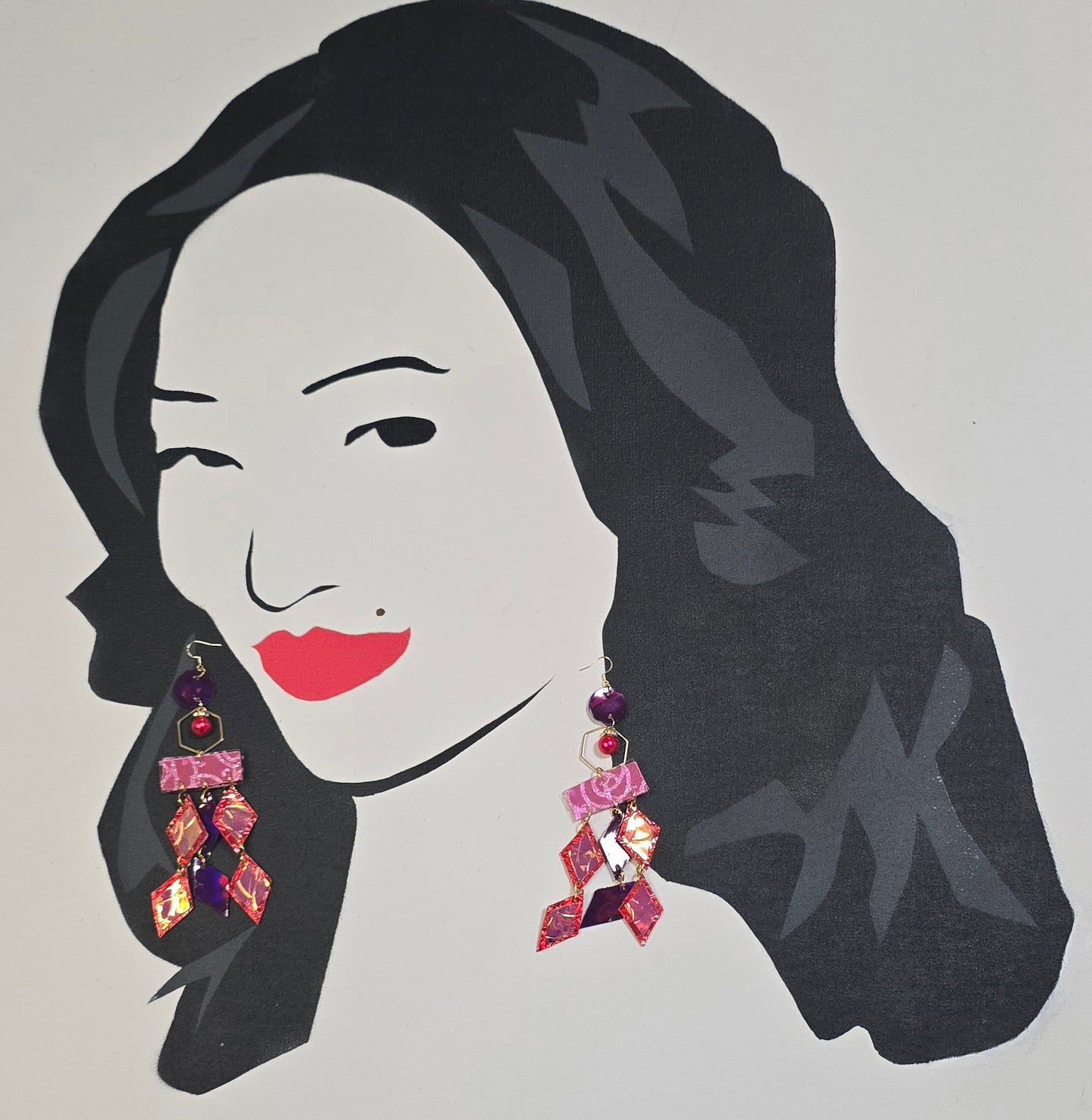 Mary - Pink Red Geometric Chandelier Earrings