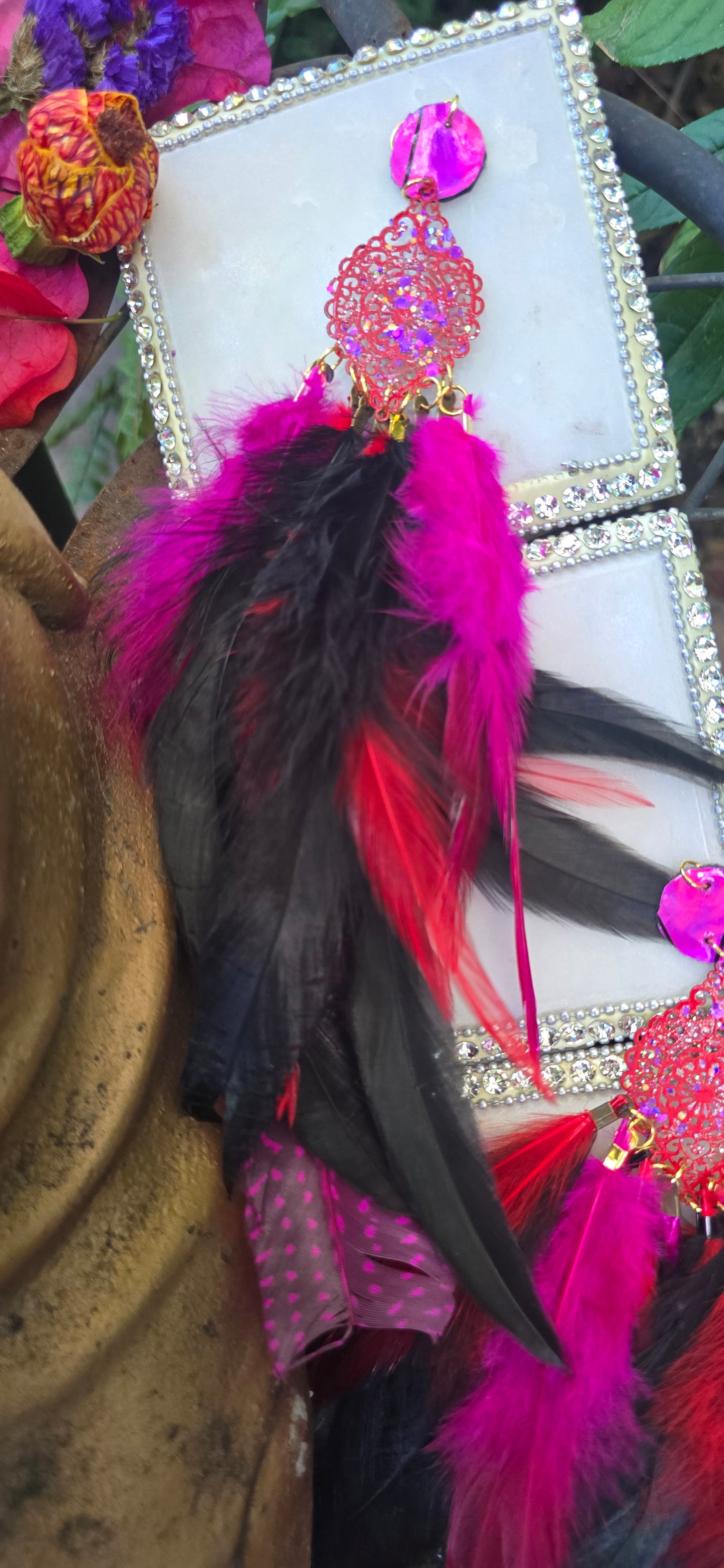 Melly - Hot Pink Long Feather Earrings