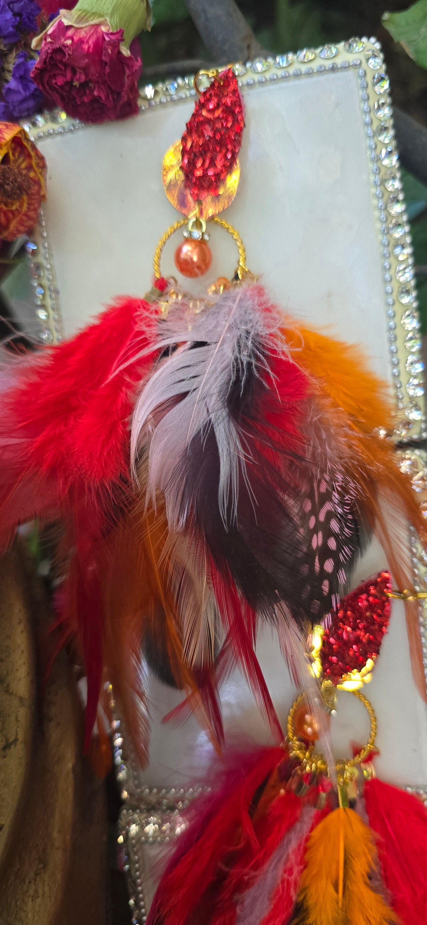 Jennivine - Red Multicolored Feather Earrings