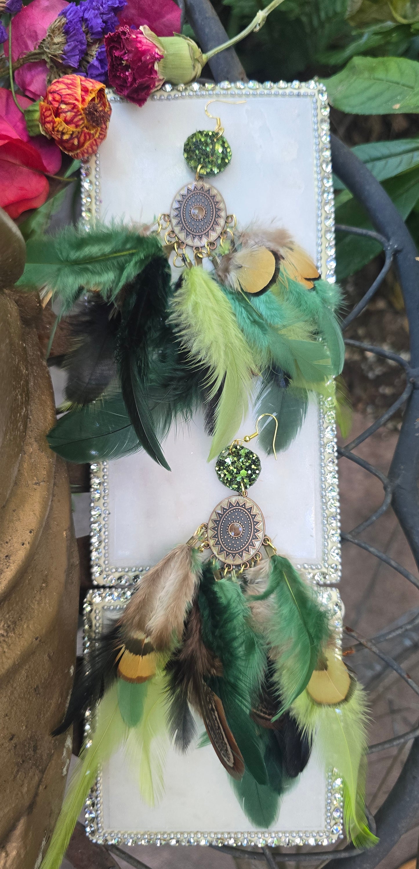 Shaylene - Green Boho Feather Earrings
