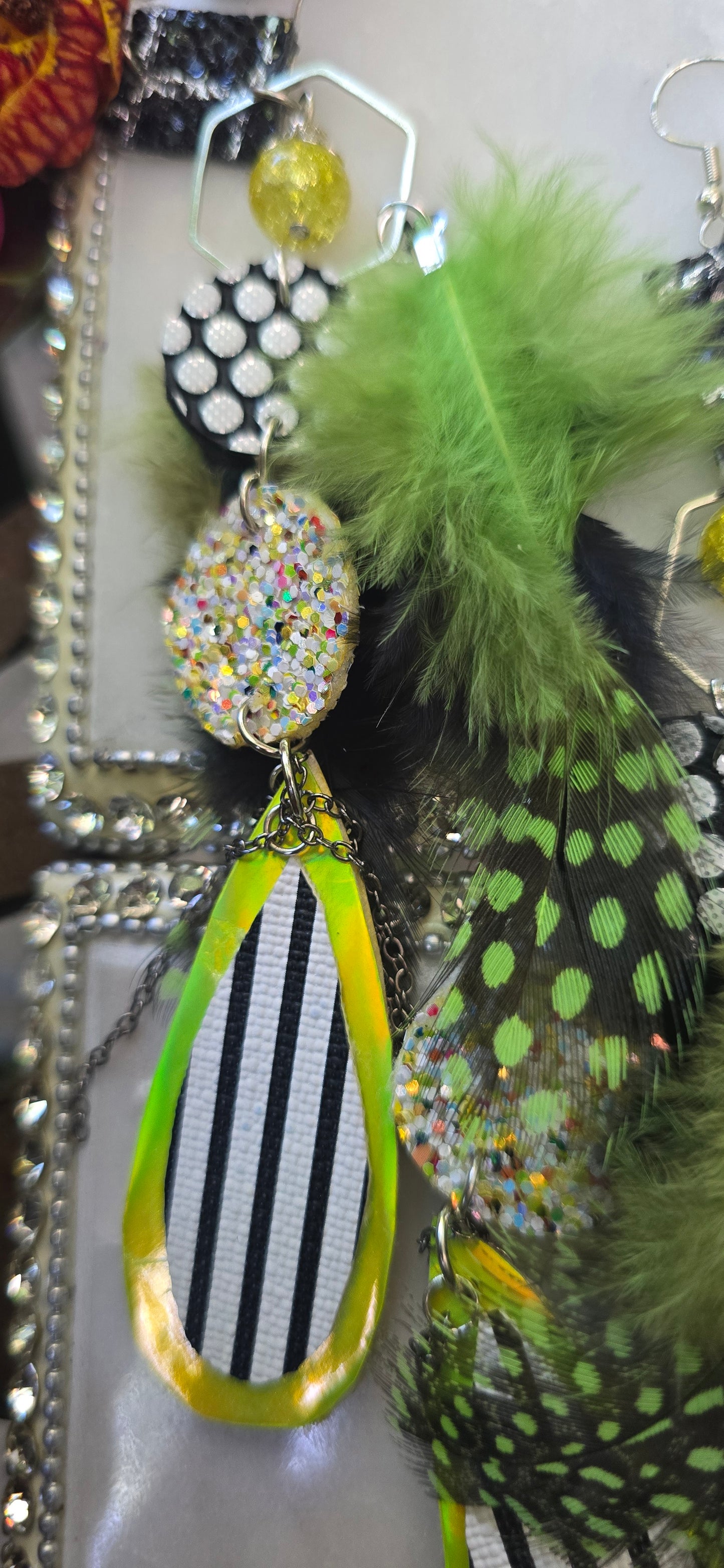 Black and white long dangle earrings featuring geometric design from Shop Moxxc's Becky collection.