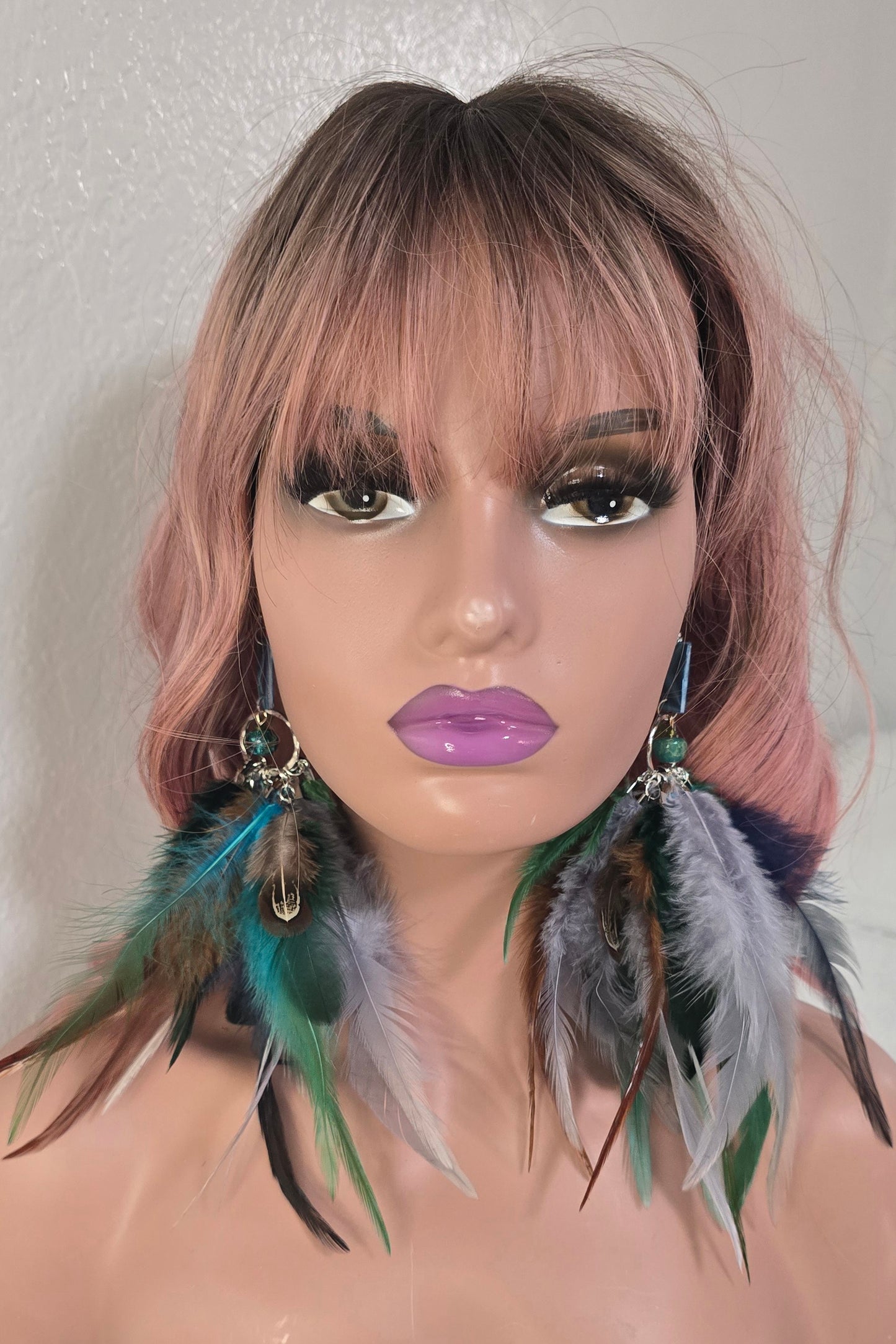 Jacqui - Blue Green Boho Feather Earrings