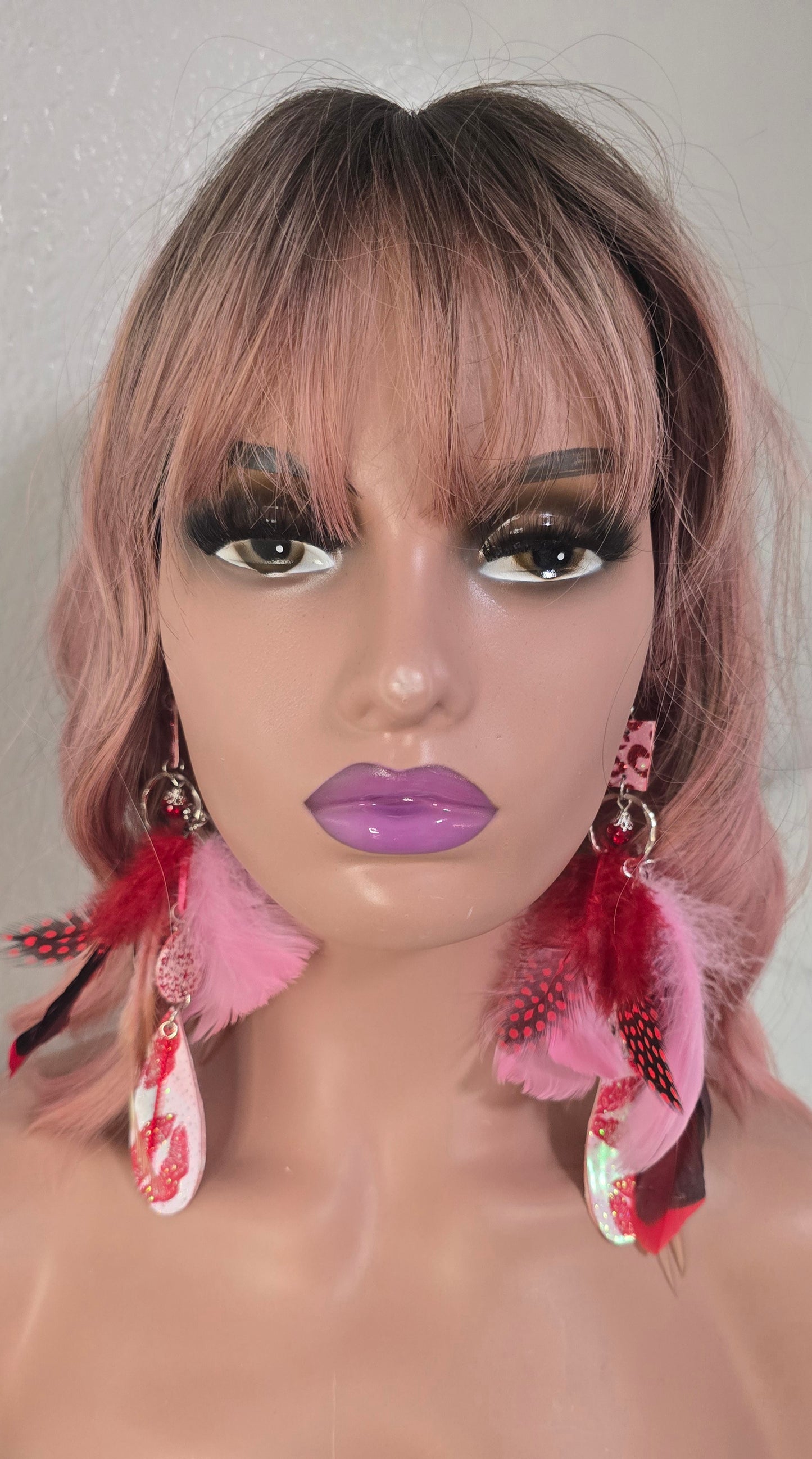 Clarissa - Red Lips Long Feather Earrings