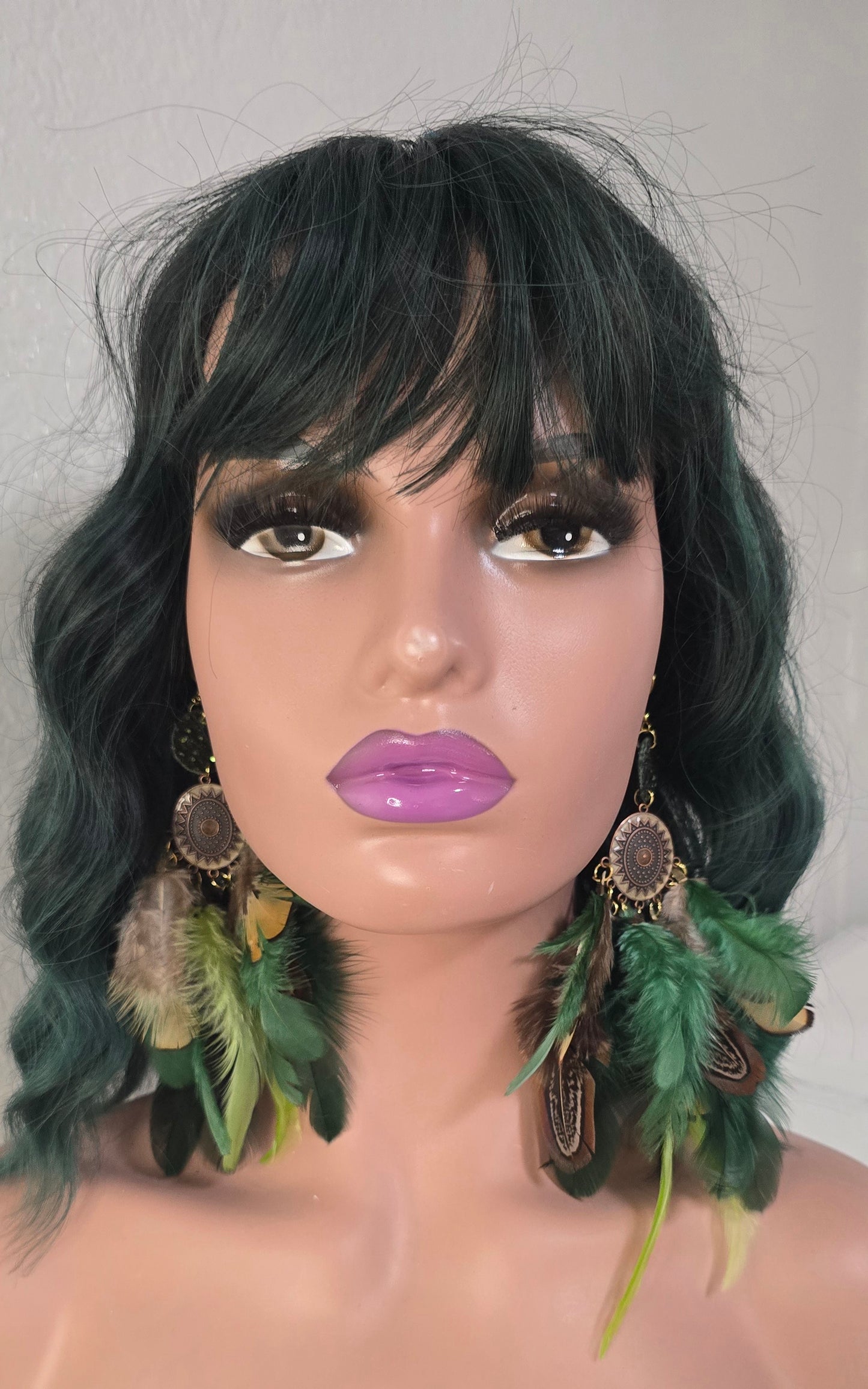 Shaylene - Green Boho Feather Earrings