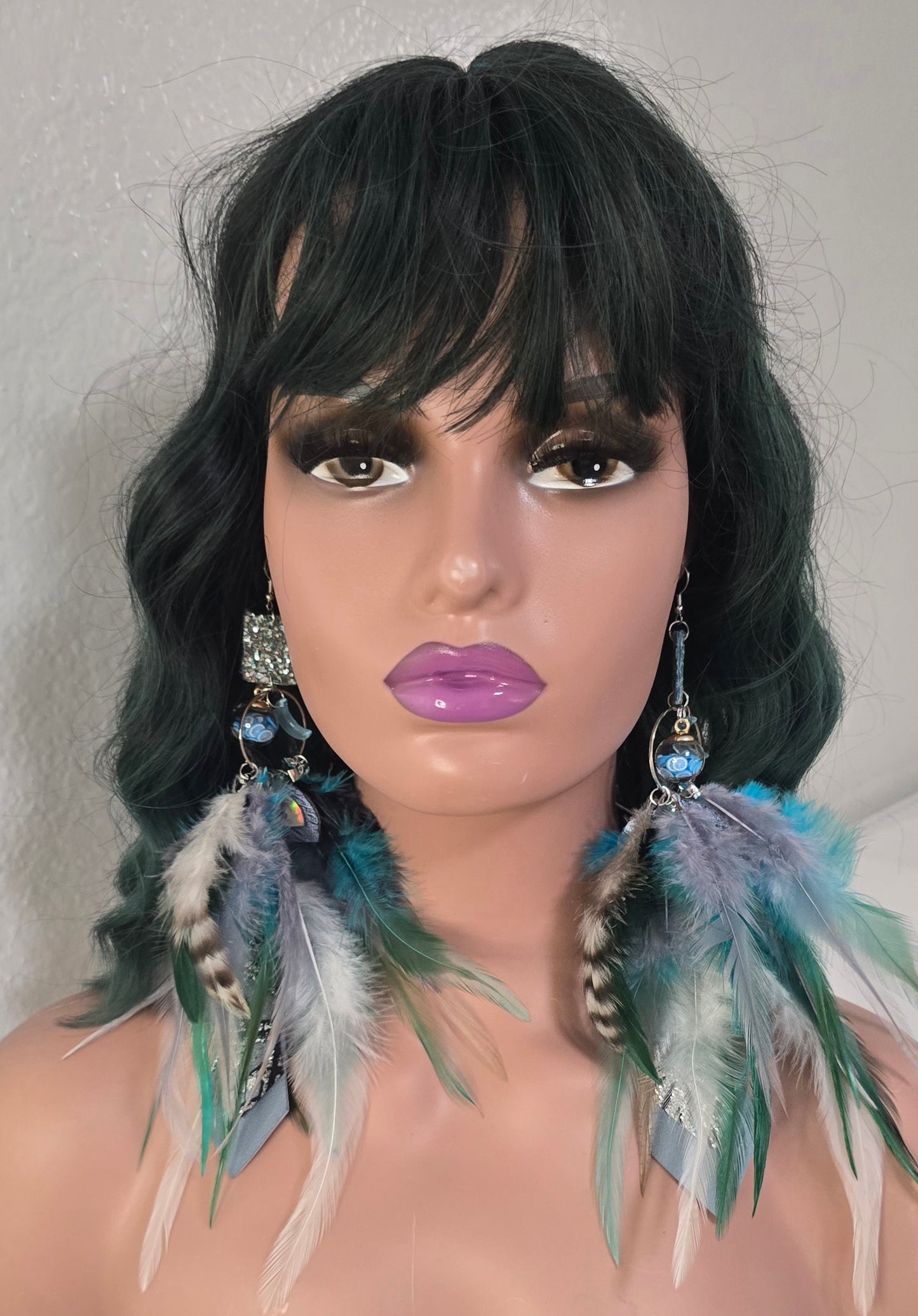 Sue - Blue Green Feather Earrings