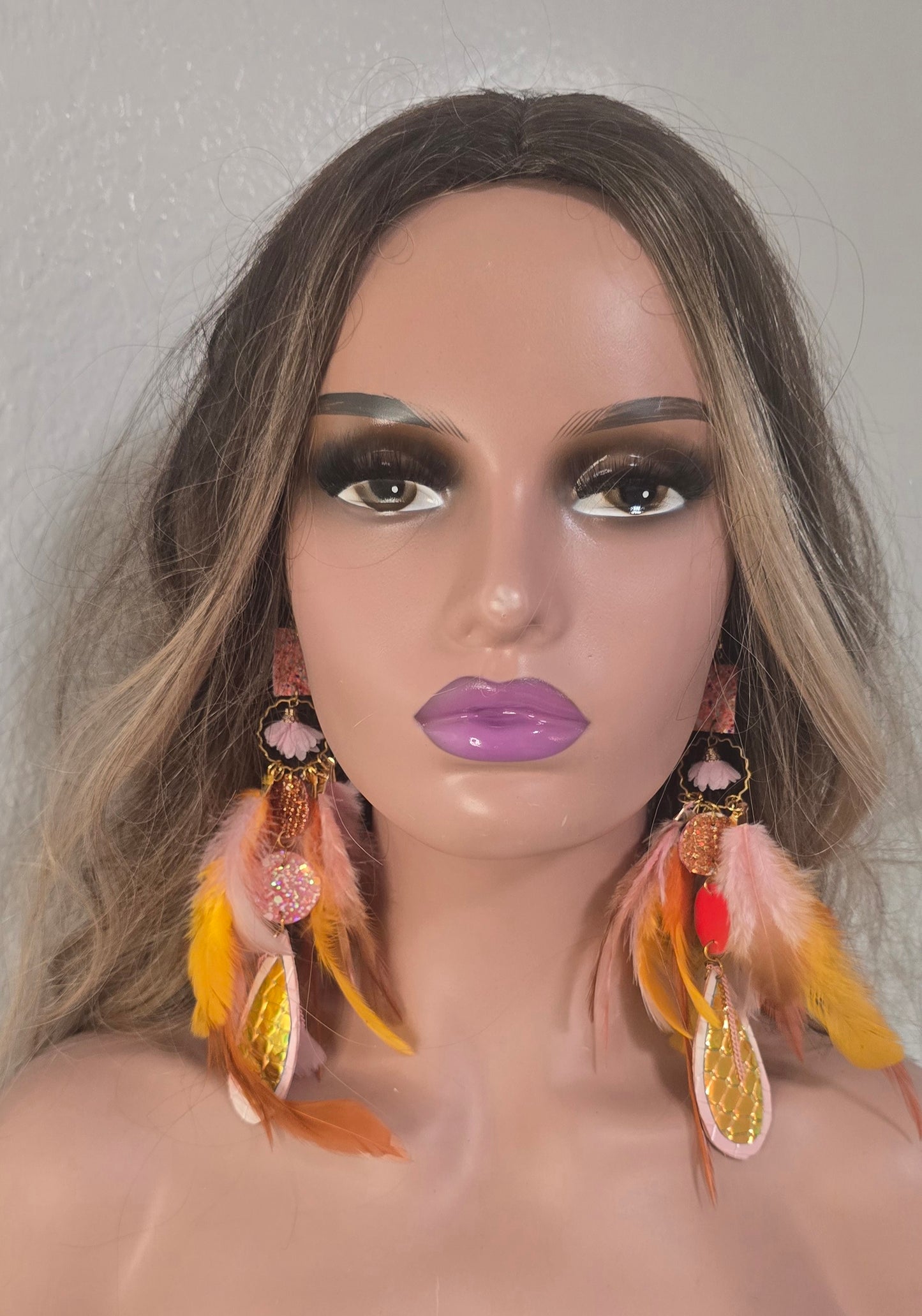 Mystie - Orange Pink Feather Earrings