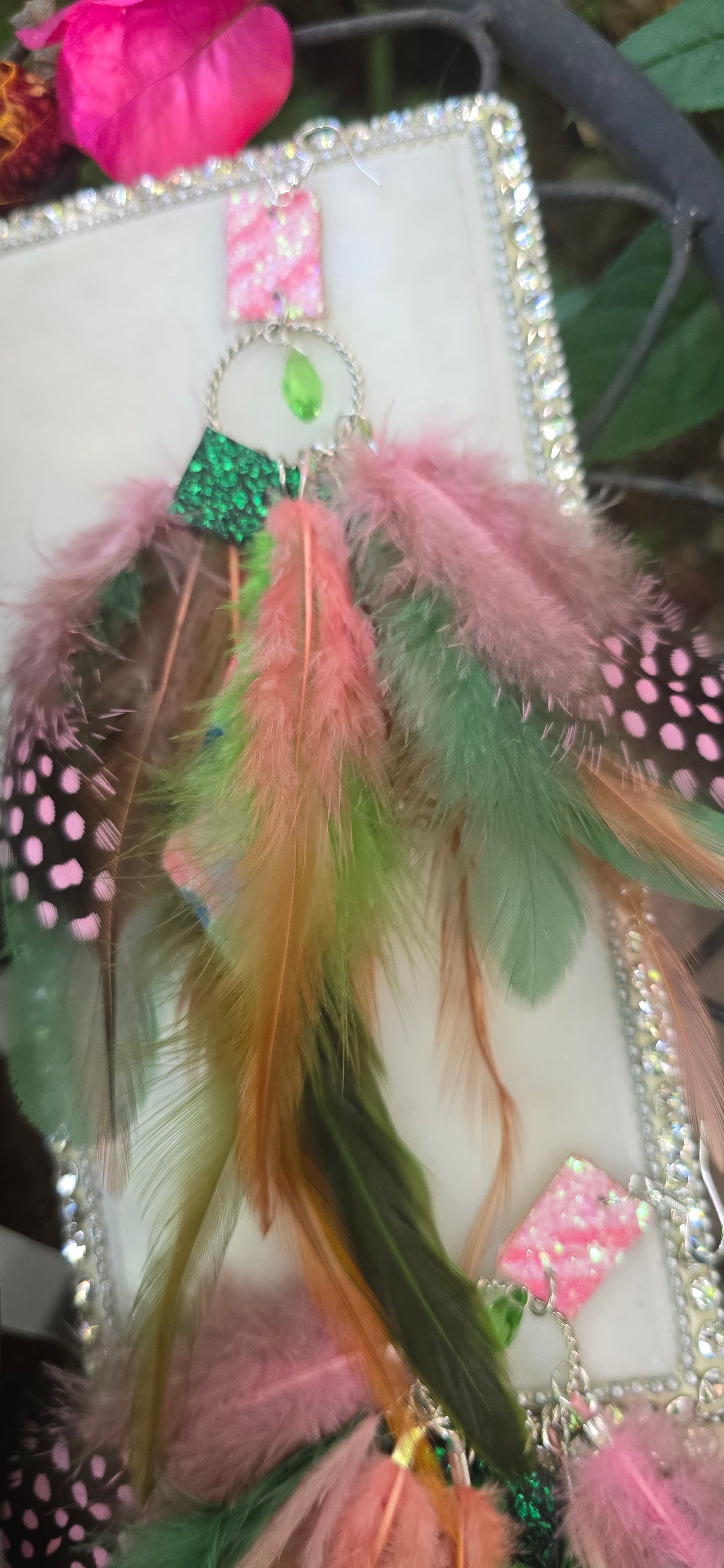 Yienie - Pink Green Feather Earrings