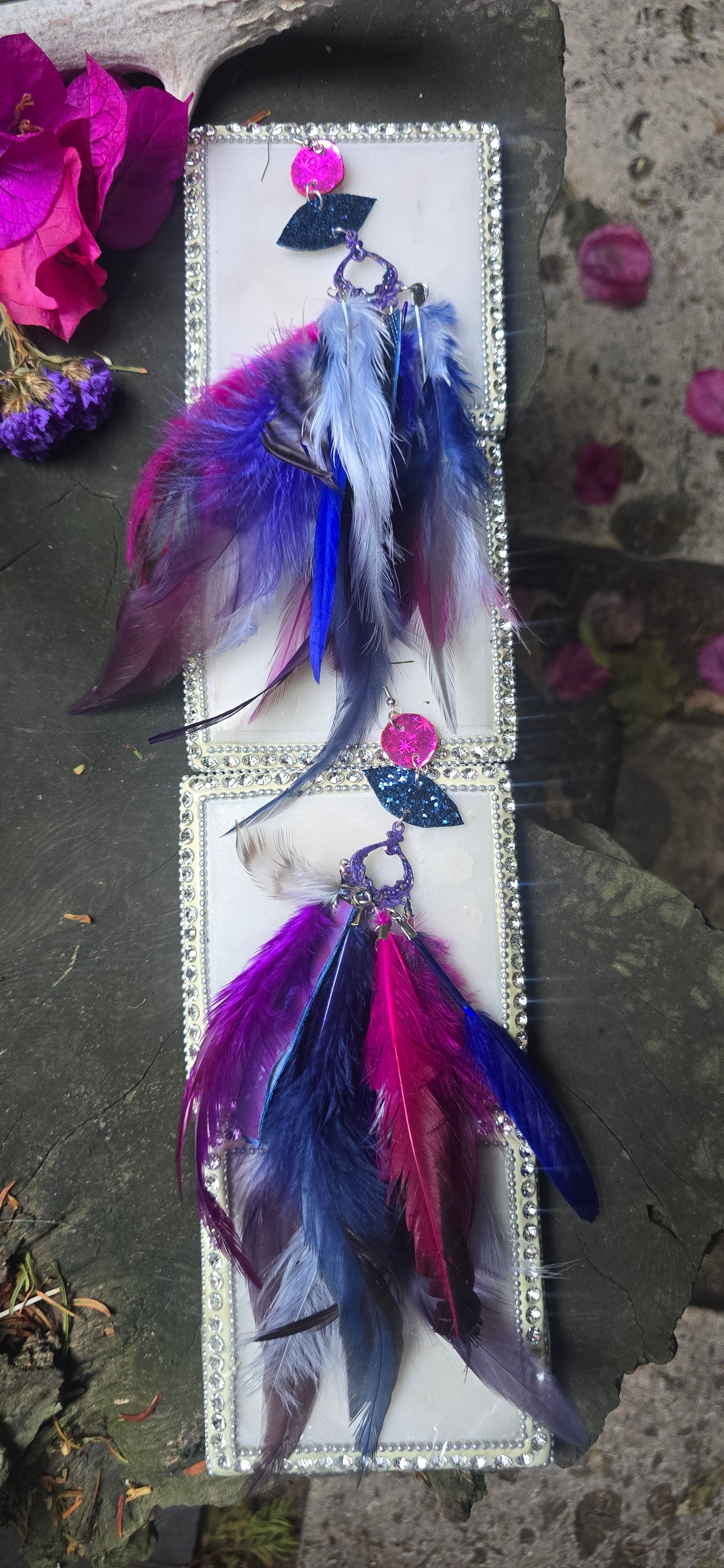 Cheryl - Blue Hot Pink Glittery Feather Earrings