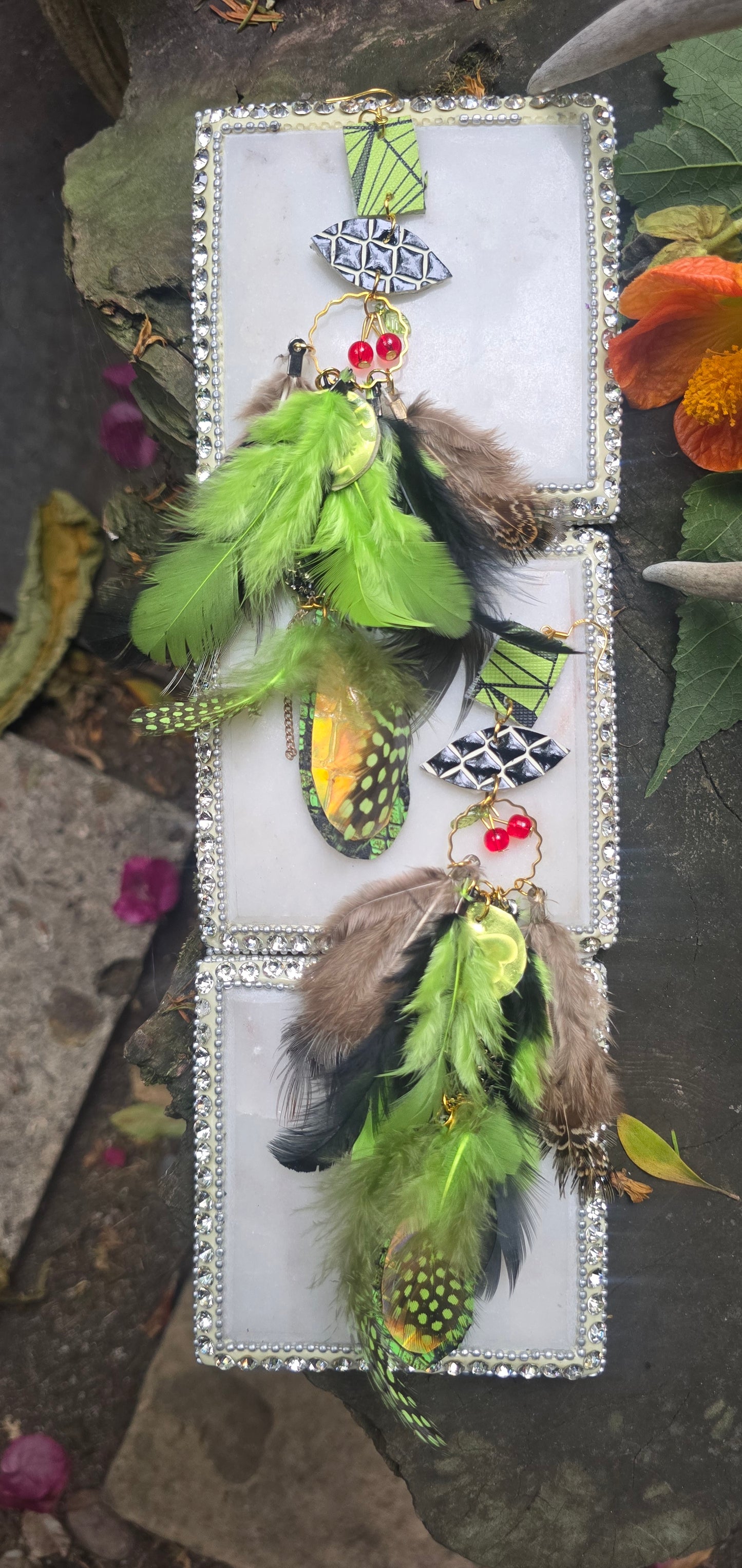 Tiffany - Green Festival Feather Earrings