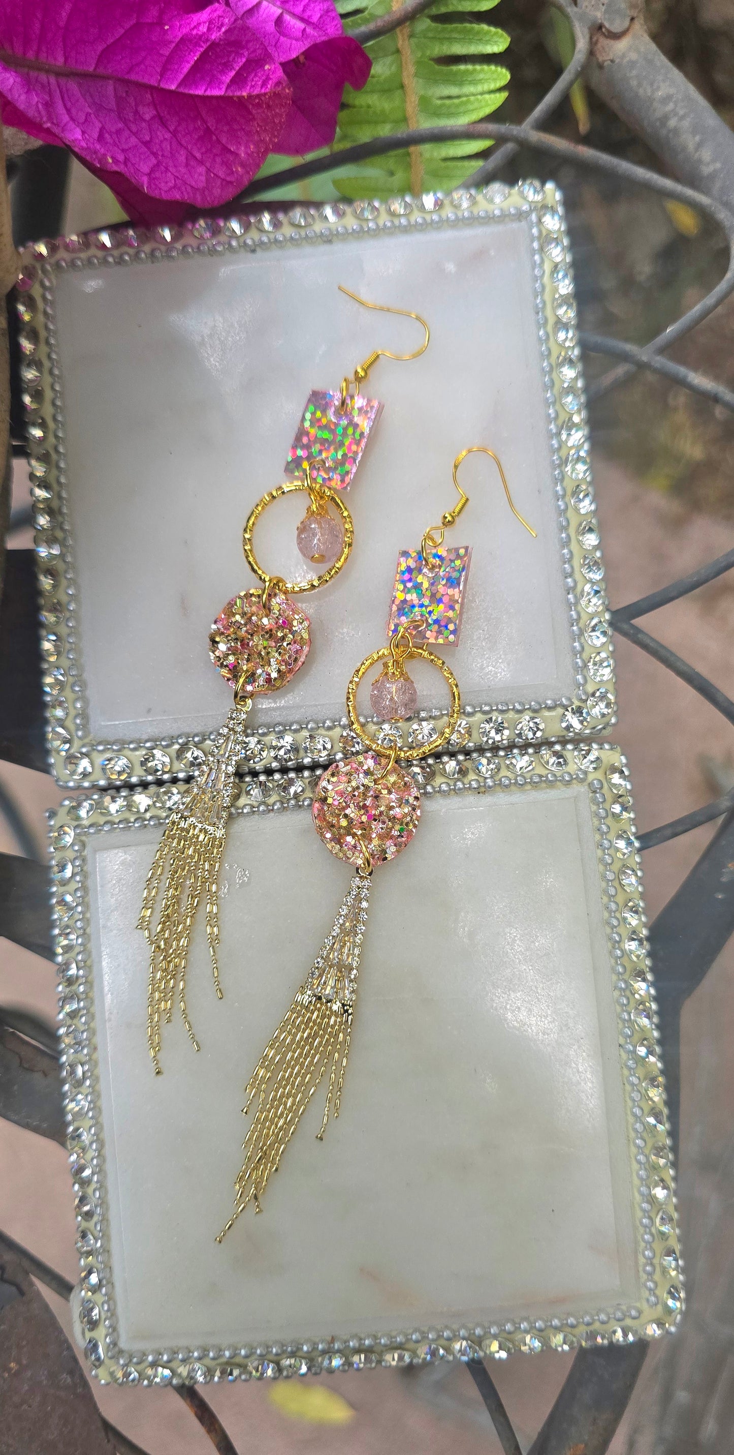 Lisa - Pink Sparkly Dangle Earrings