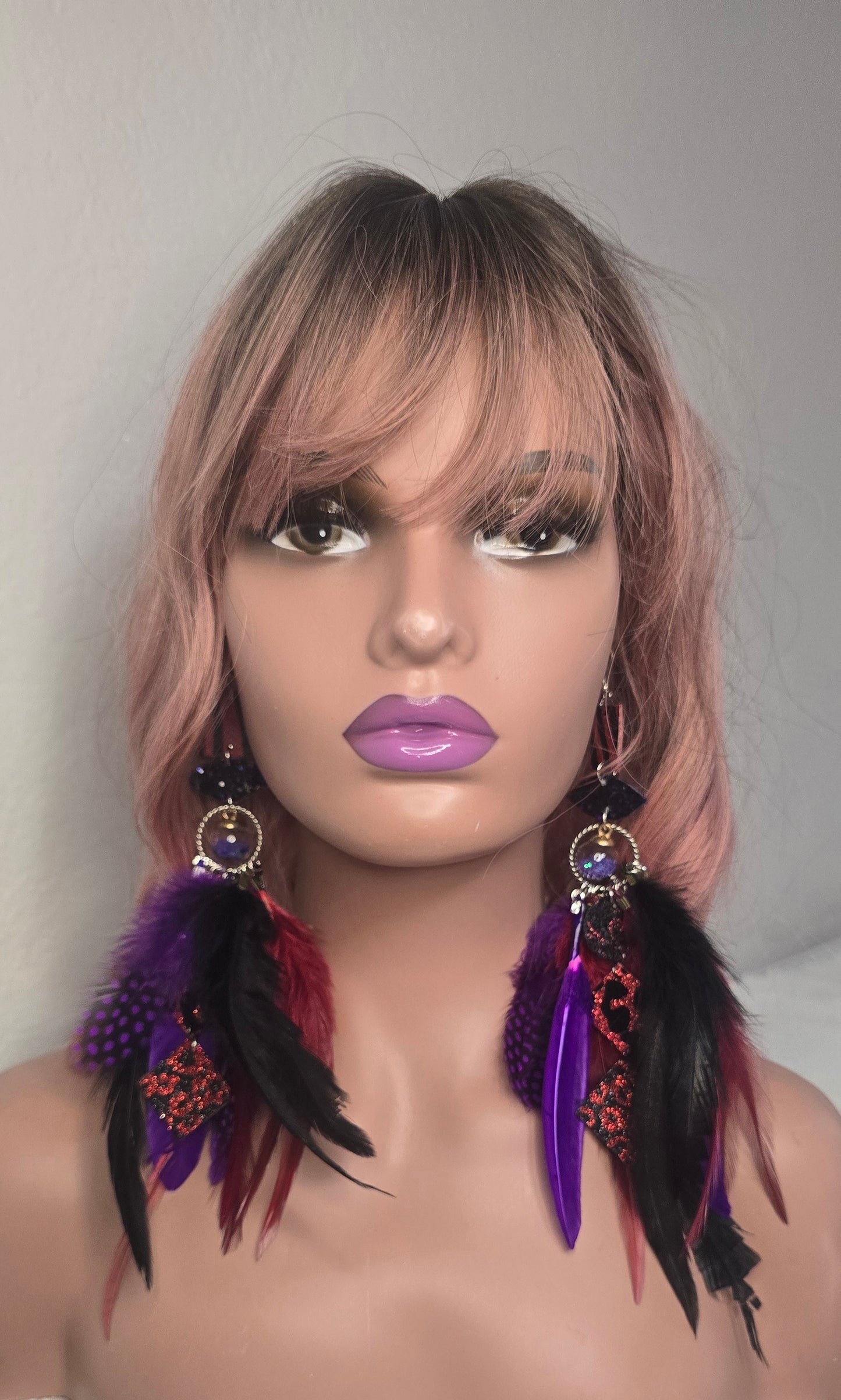 Kayla - Red Purple Feather Earrings