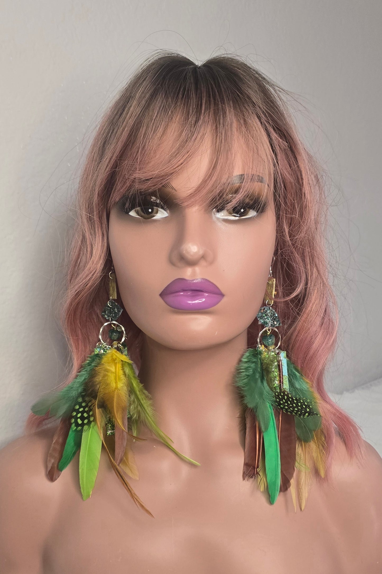Sara - Green Yellow Feather Earrings