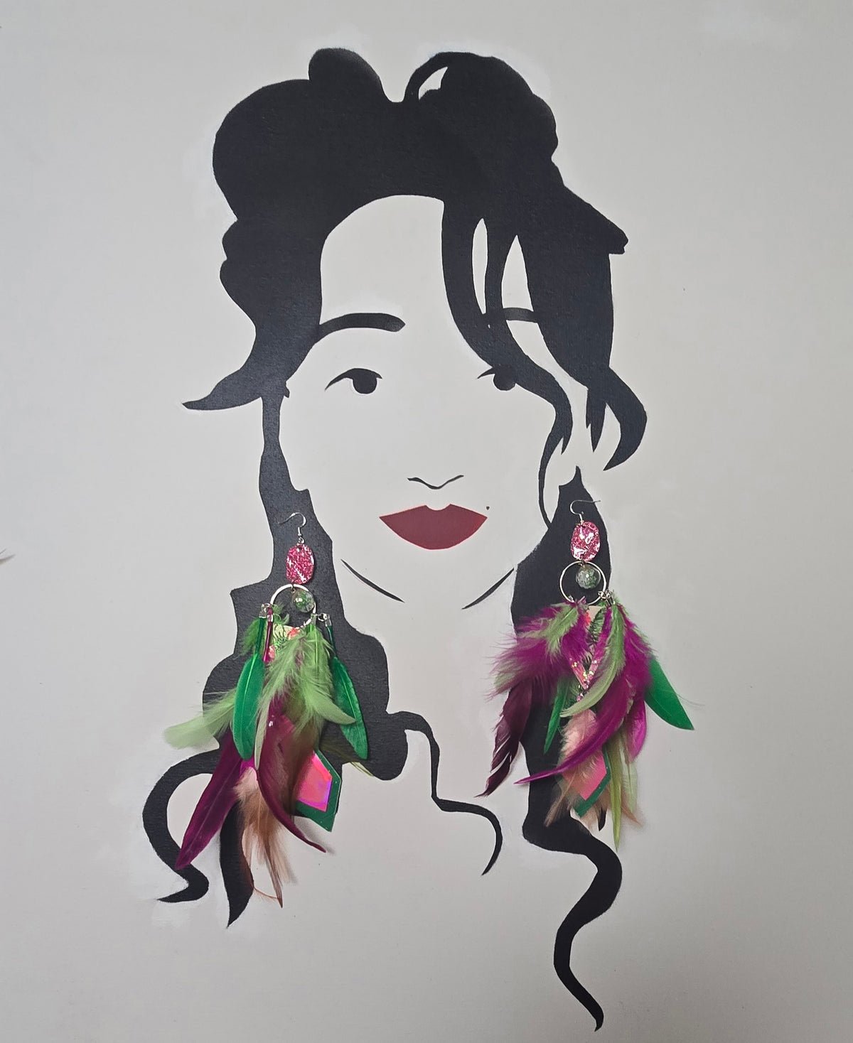 Emma - Hot Pink Green Feather Earrings