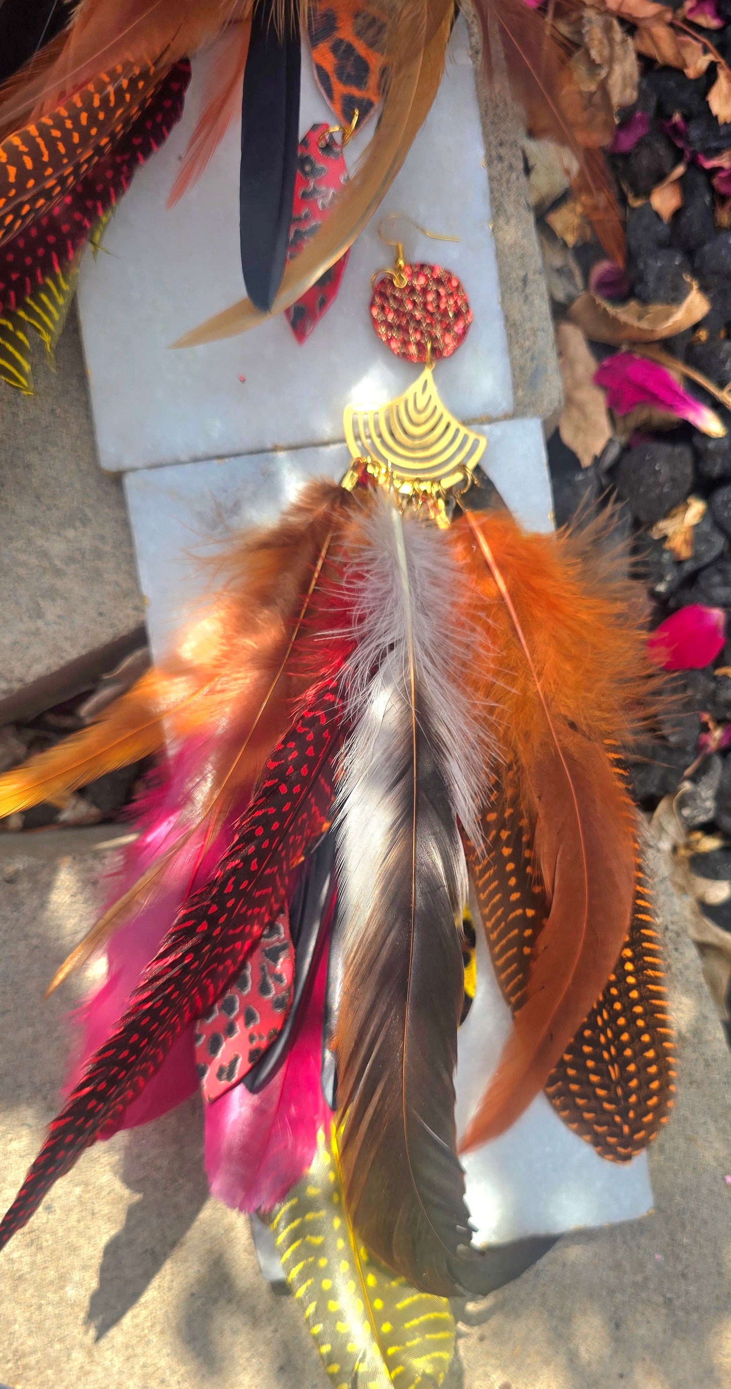 Dawn - Animal Print Red Feather Earrings