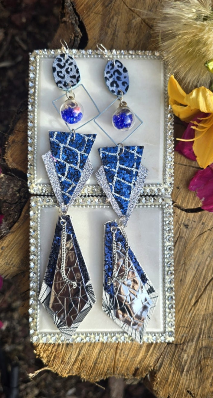Caitlin - Blue Shimmery Geometric Long Earrings - Shop Moxxc