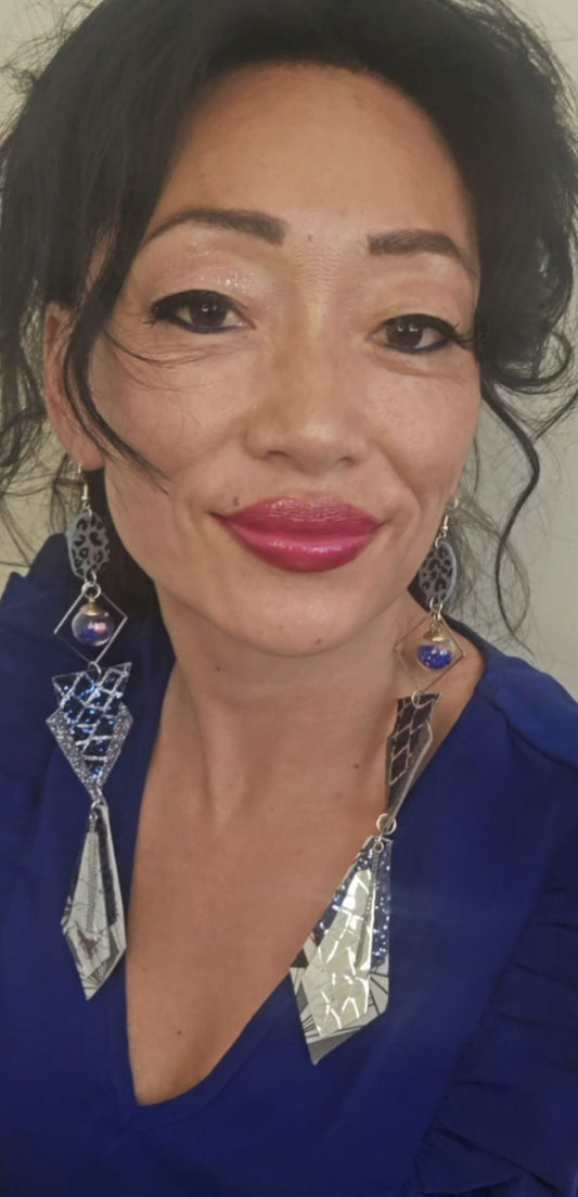 Caitlin - Blue Shimmery Geometric Long Earrings - Shop Moxxc