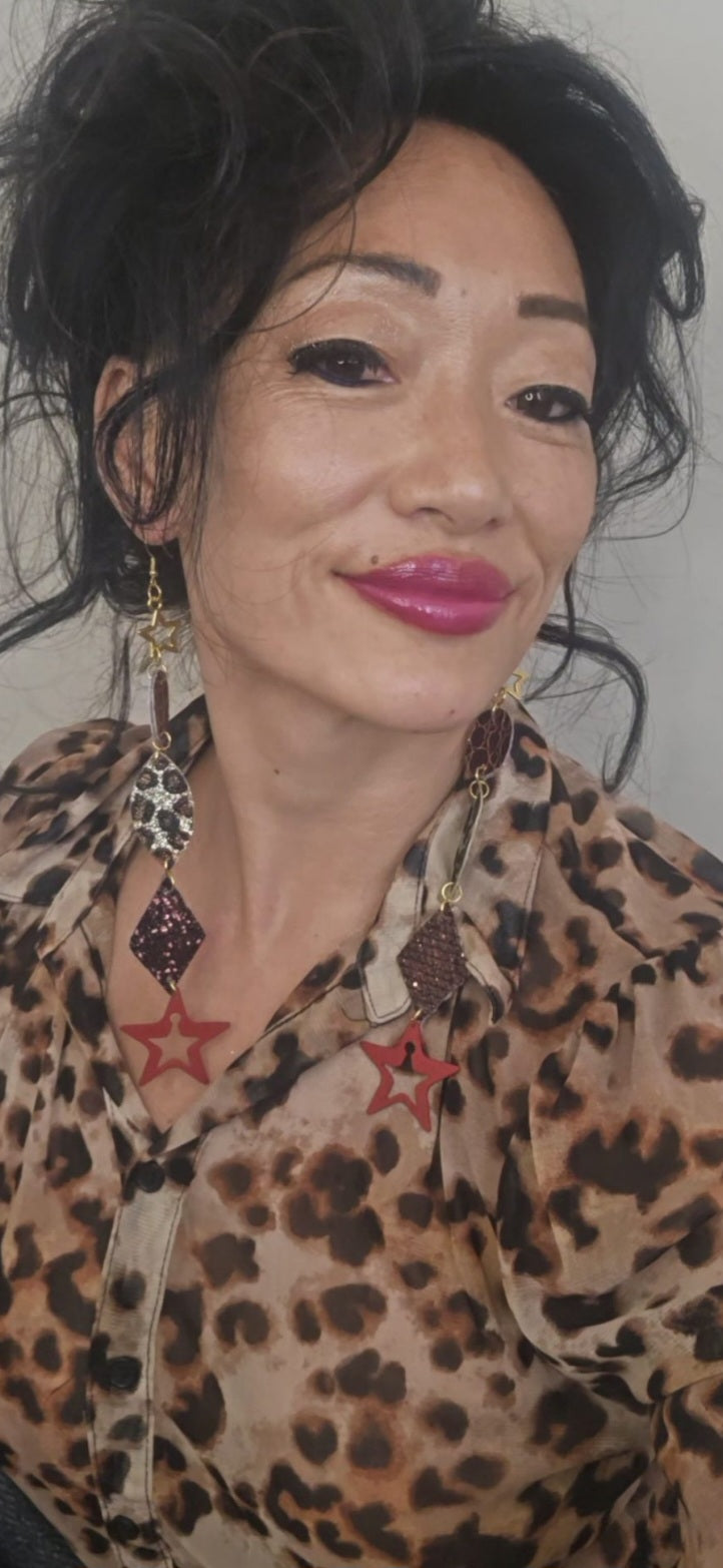 Lilian - Animal Print Neautral Star Dangle Earrings - Shop Moxxc