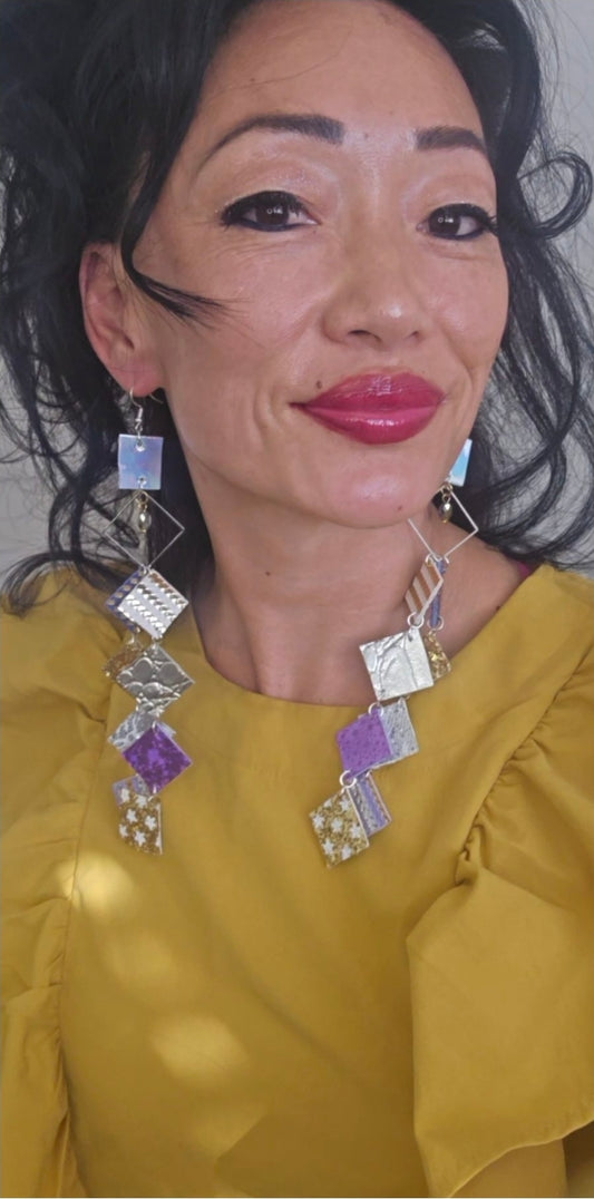 Vicky - Multicolored Purple Geometric Long Dangle Earrings - Shop Moxxc