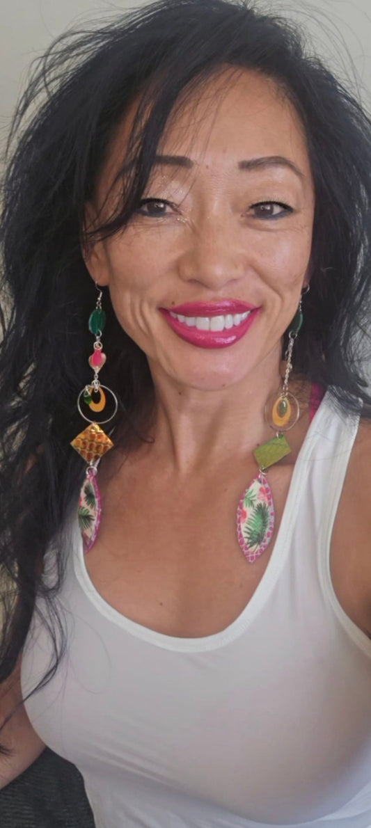 Justine - Pink Green Long Dangle Vacation Earrings - Shop Moxxc