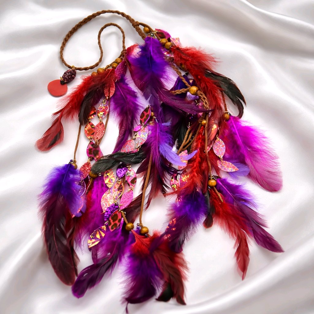 Justine - Purple Red Feather Hair Jewelry Headpiece - Shop Moxxc