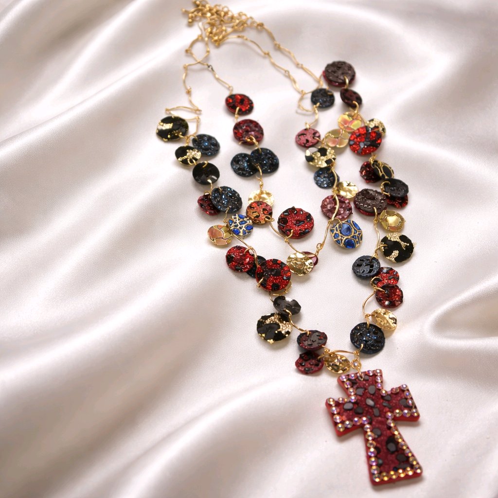 Traci - Animal Print Layered Cross Necklace - Shop Moxxc