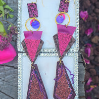 Eleanor - Purple Geometric Glittery Long Dangle Earrings - Shop Moxxc
