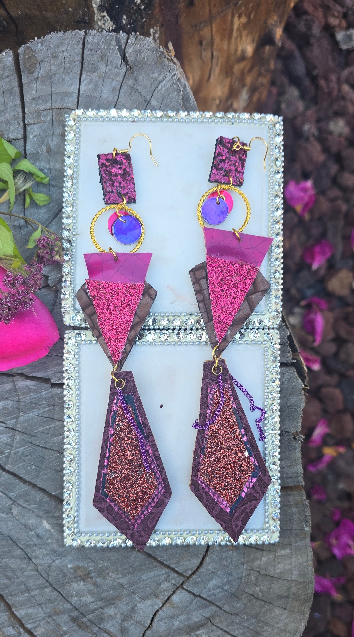 Eleanor - Purple Geometric Glittery Long Dangle Earrings - Shop Moxxc