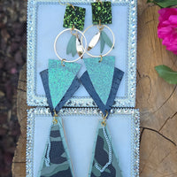 Vanessa - Green Glittery Geometric Camo Dangle Earrings - Shop Moxxc