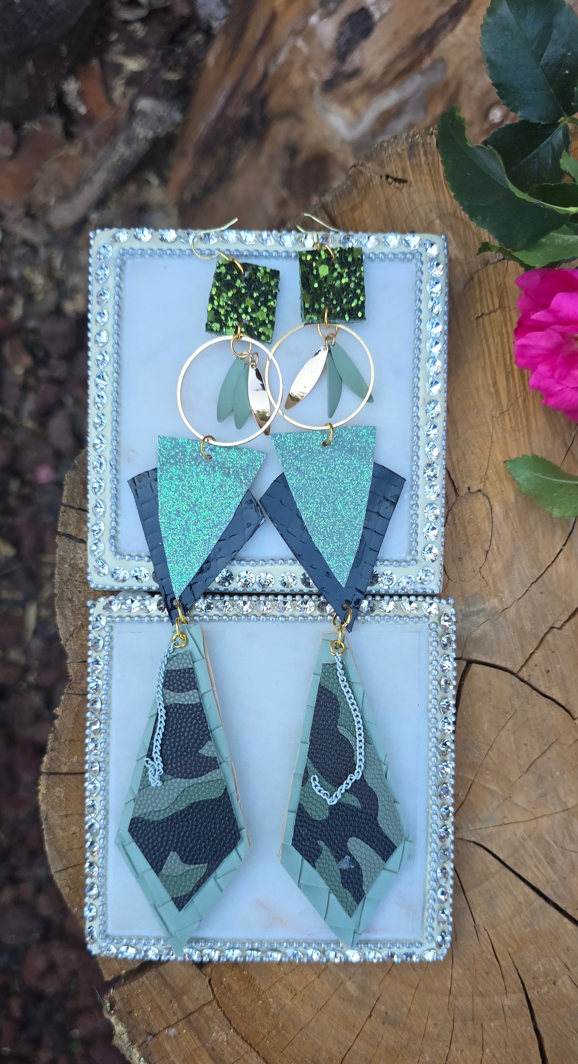 Vanessa - Green Glittery Geometric Camo Dangle Earrings - Shop Moxxc