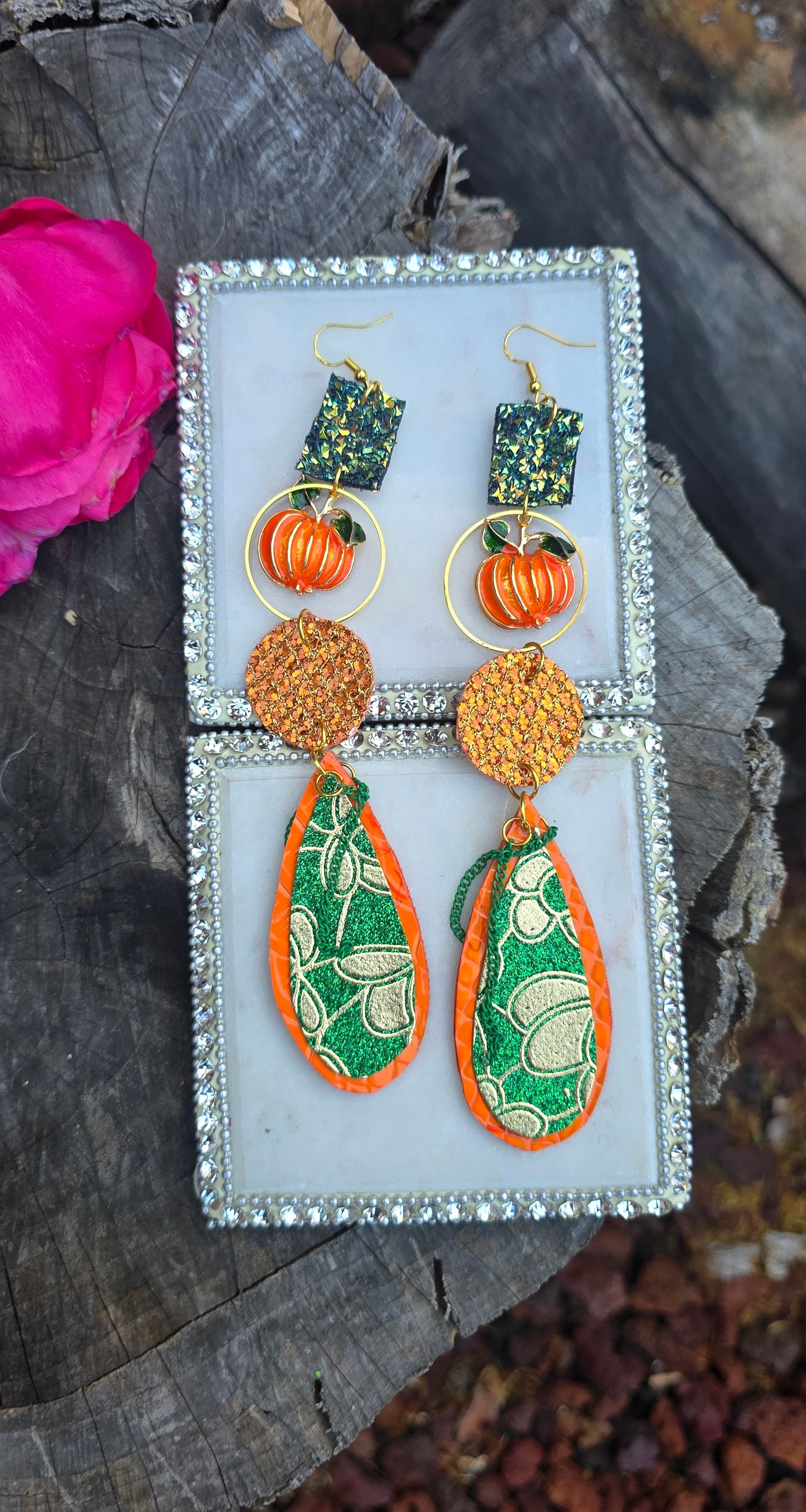 Shailene - Orange Pumpkin Glittery Dangle Earrings - Shop Moxxc