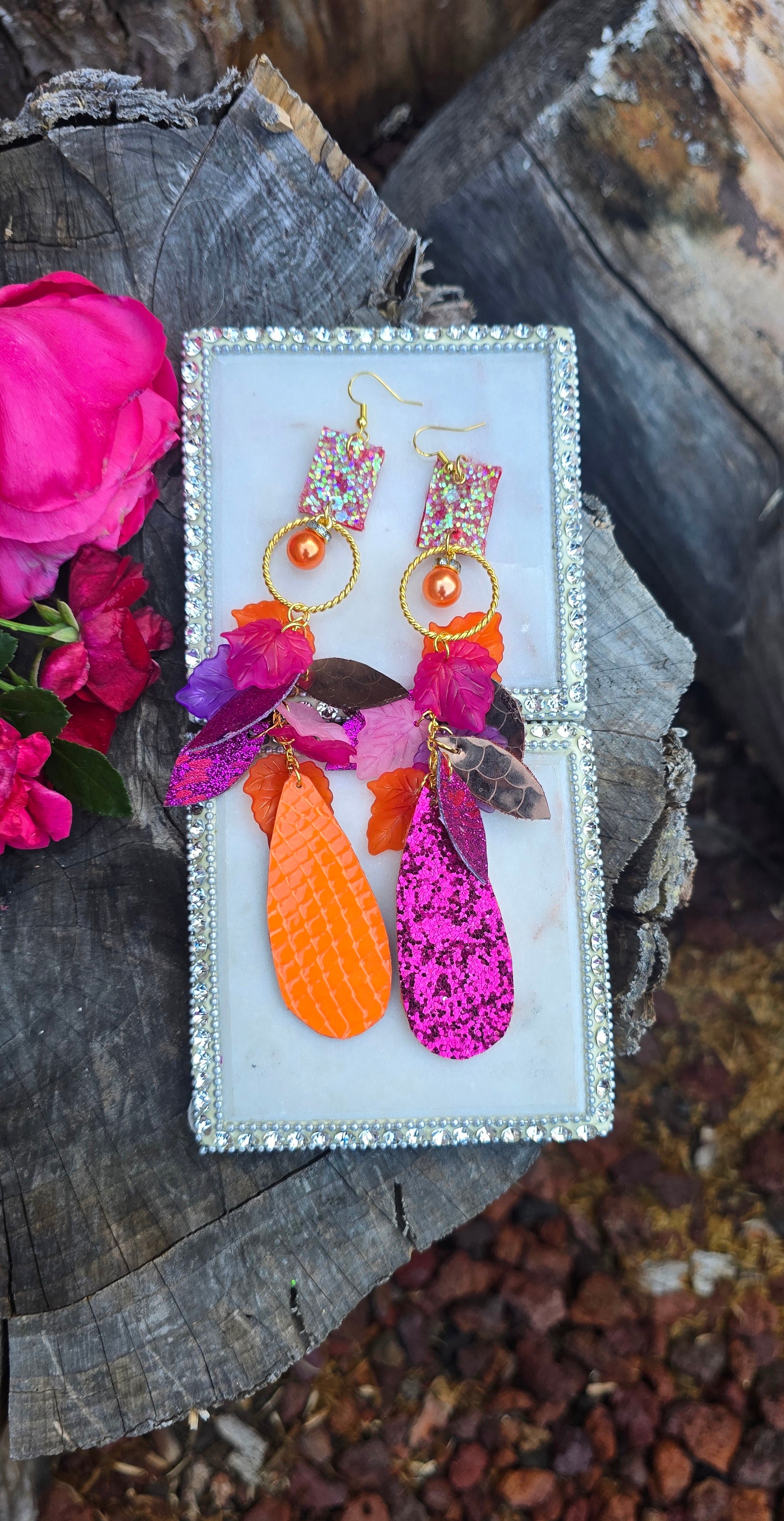 Carrie - Hot Pink and Orange Glittery Teardrop Earrings - Shop Moxxc