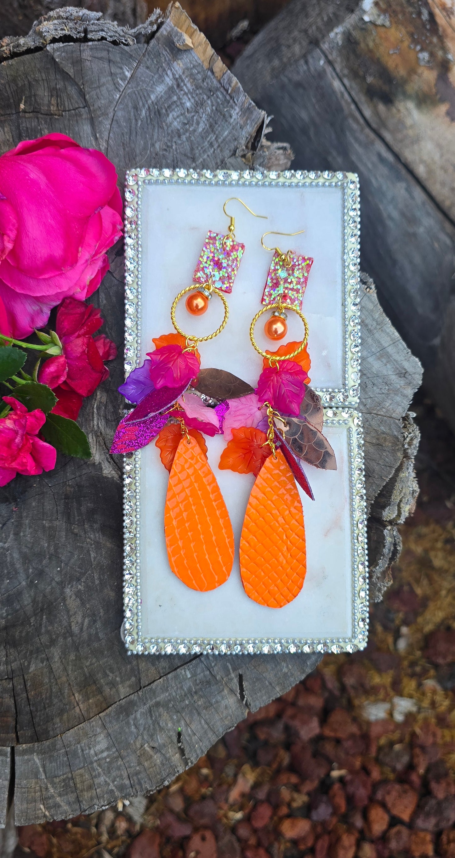 Carrie - Hot Pink and Orange Glittery Teardrop Earrings - Shop Moxxc