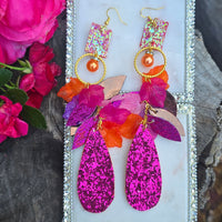 Carrie - Hot Pink and Orange Glittery Teardrop Earrings - Shop Moxxc