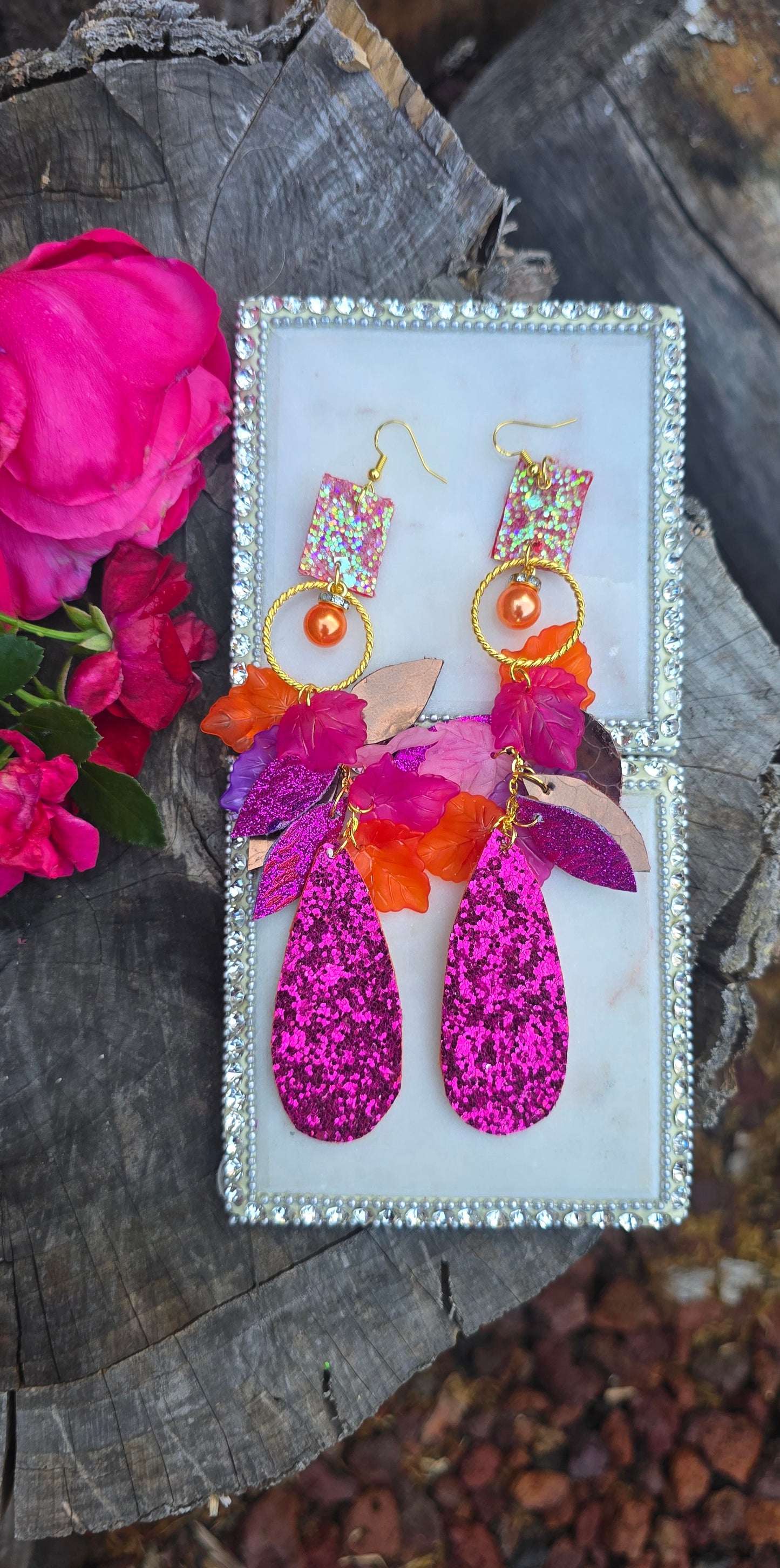 Carrie - Hot Pink and Orange Glittery Teardrop Earrings - Shop Moxxc