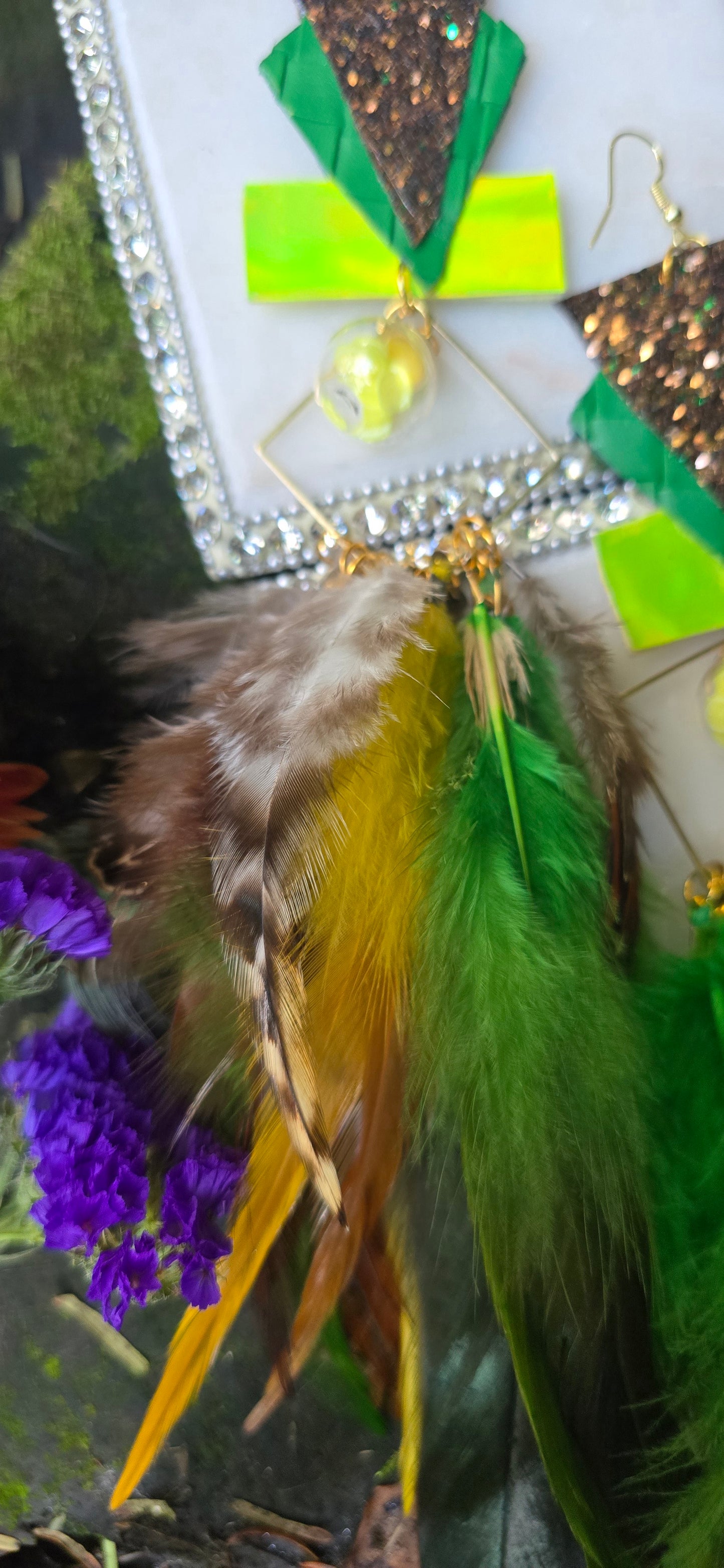 Diane - Green Statement Festival Feather Earrings - Shop Moxxc