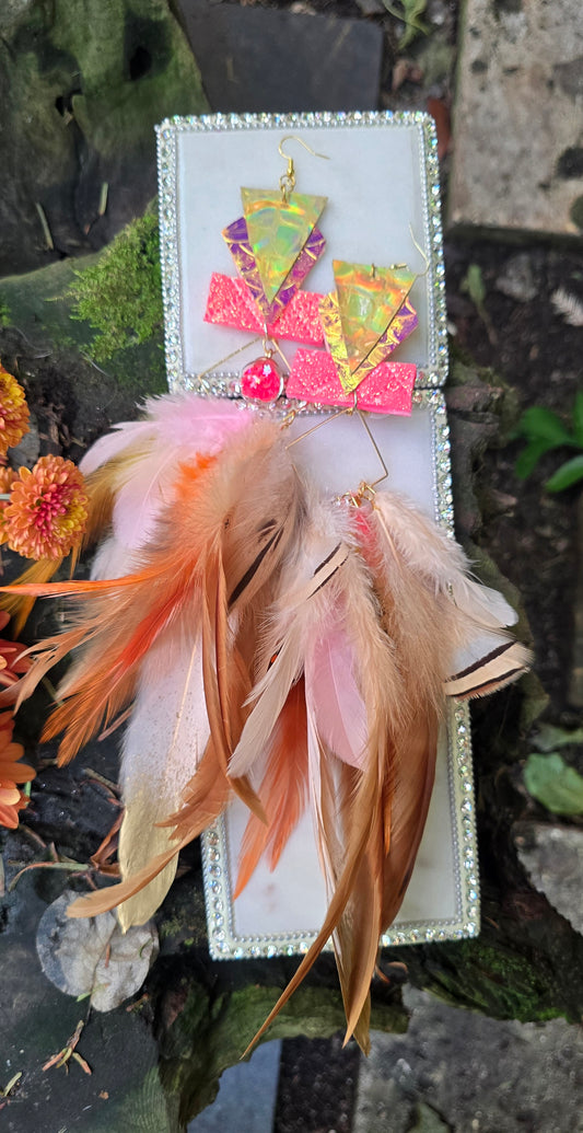 Janel - Pretty in Pink Long Feather Earrings - Shop Moxxc