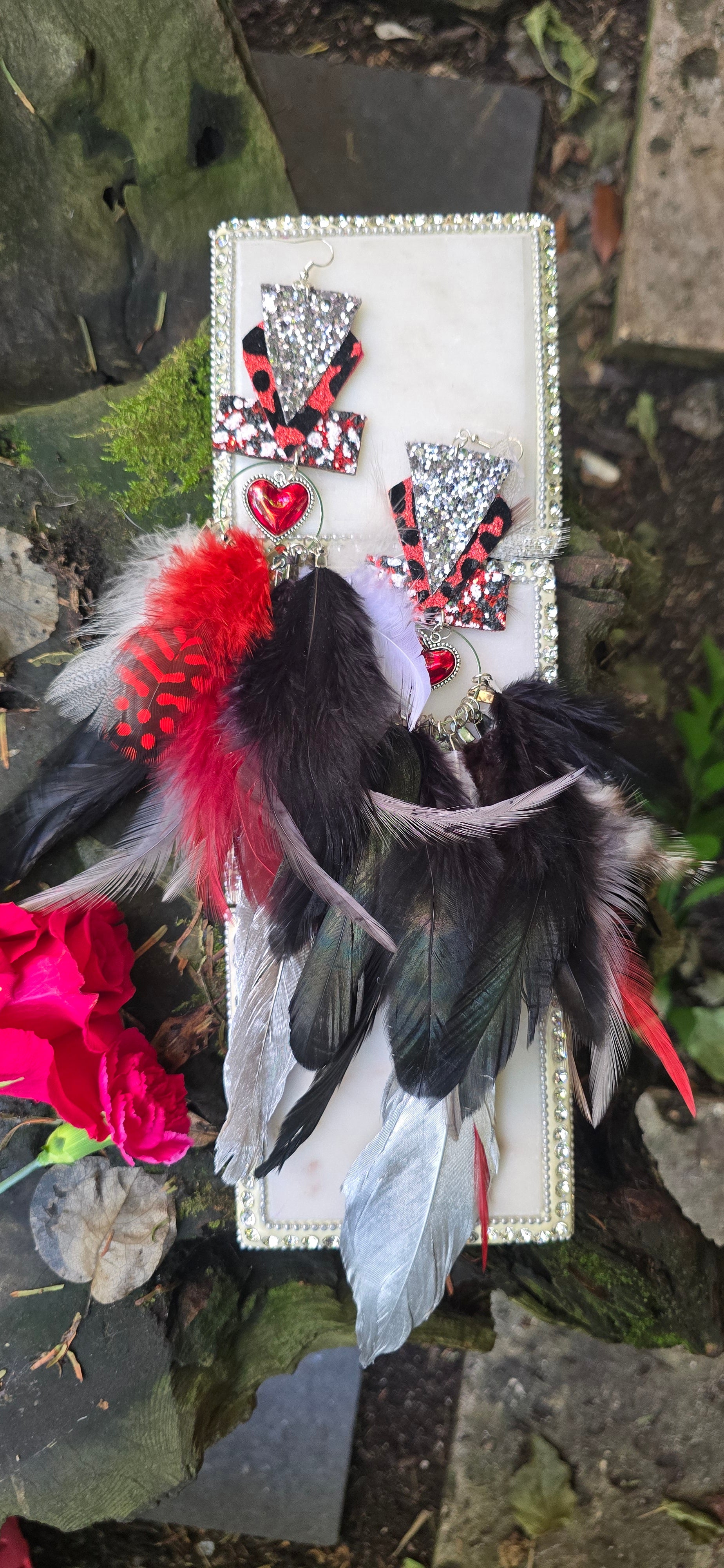 Donna - Red Black Festival Feather Earrings - Shop Moxxc