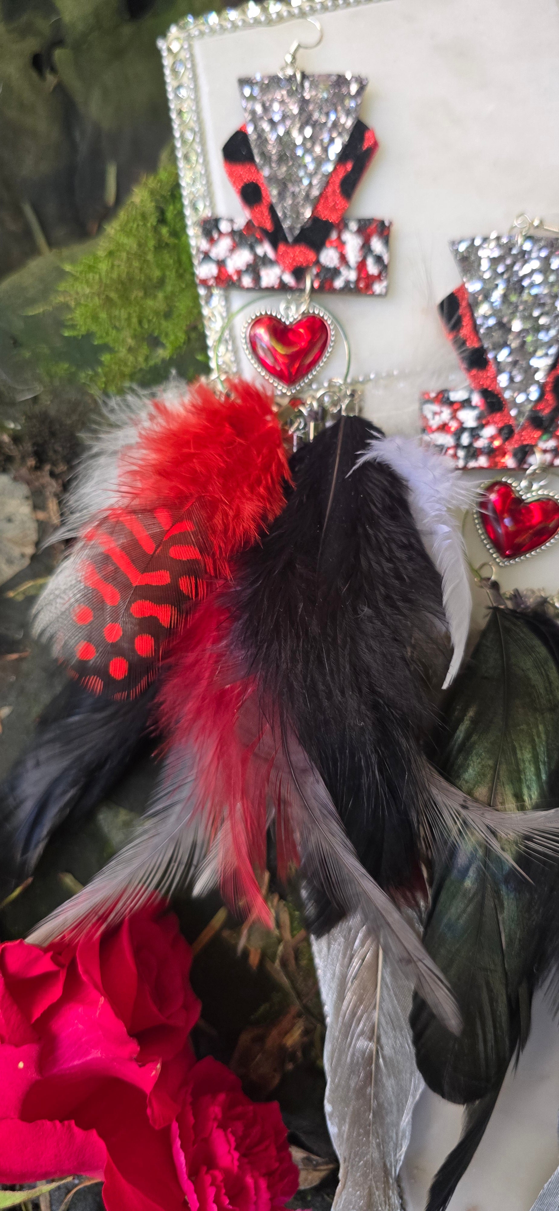Donna - Red Black Festival Feather Earrings - Shop Moxxc