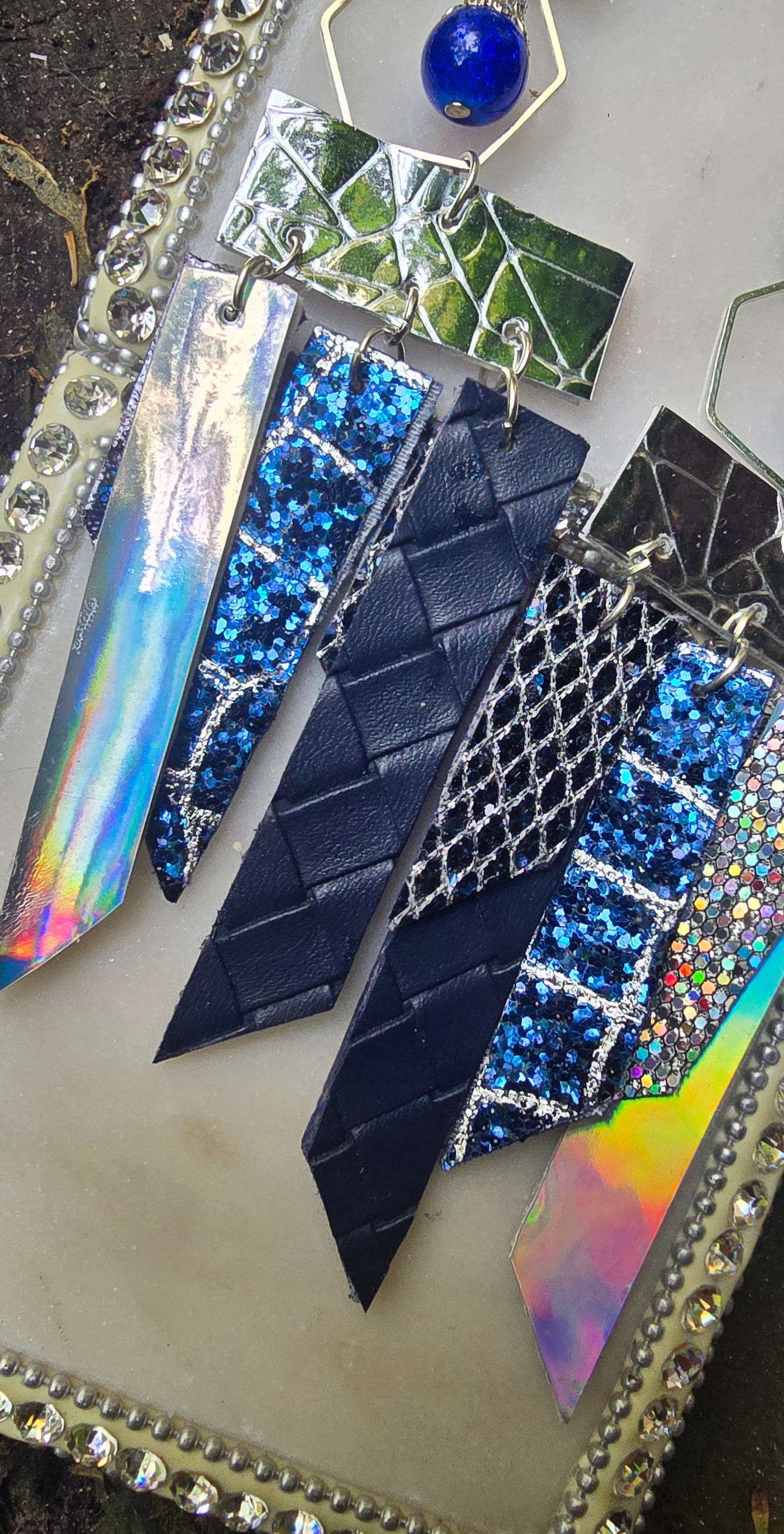 Jeanette - Blue Fringe Glittery Earrings - Shop Moxxc