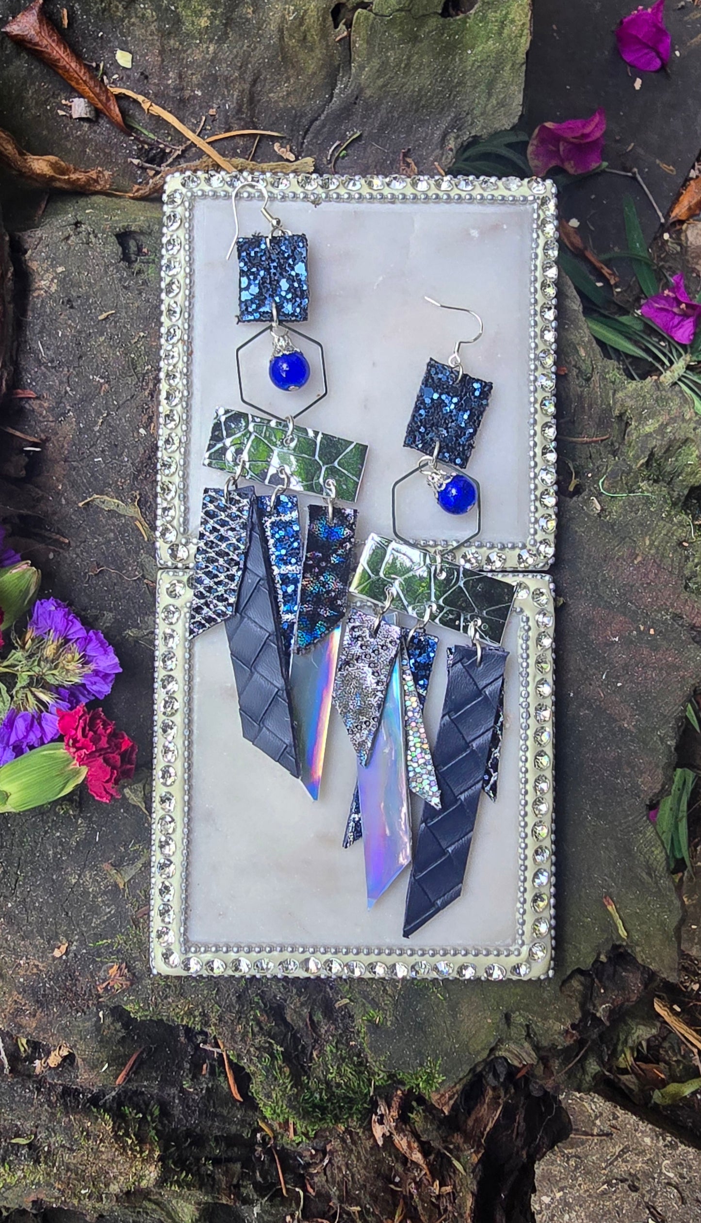 Jeanette - Blue Fringe Glittery Earrings - Shop Moxxc