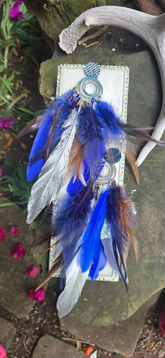 Matalena - Blue Boho Festival Feather Earrings - Shop Moxxc