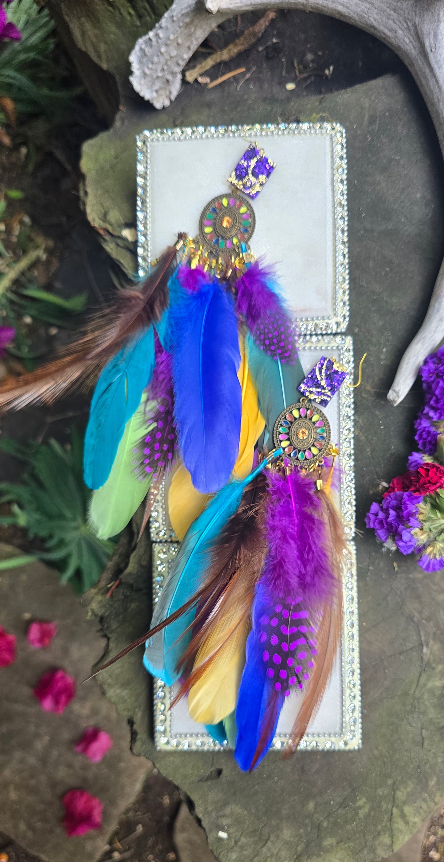 Vivian - Multicolored Boho Feather Earrings - Shop Moxxc