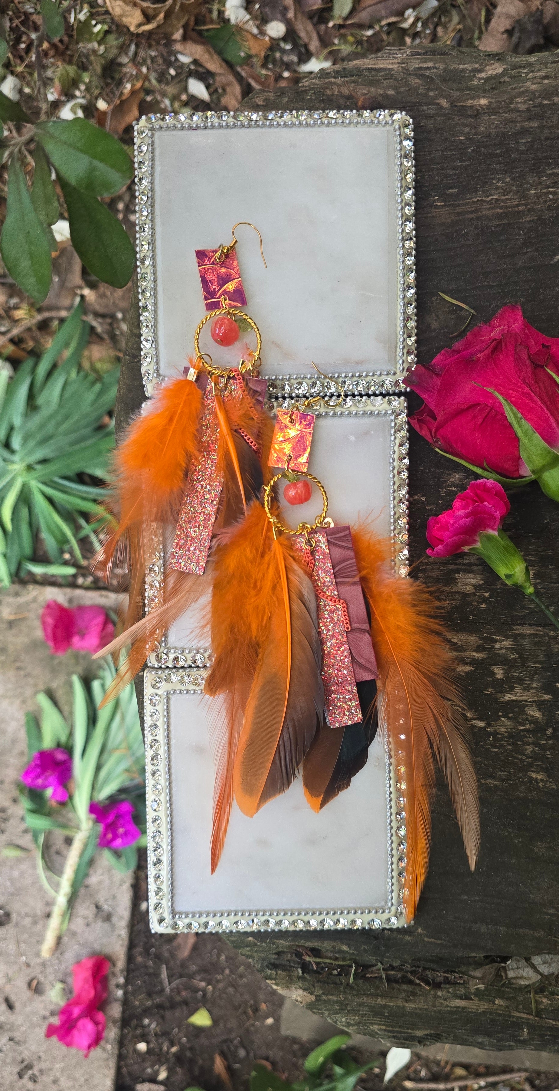 Elyse - Orange Boho Feather Earrings - Shop Moxxc