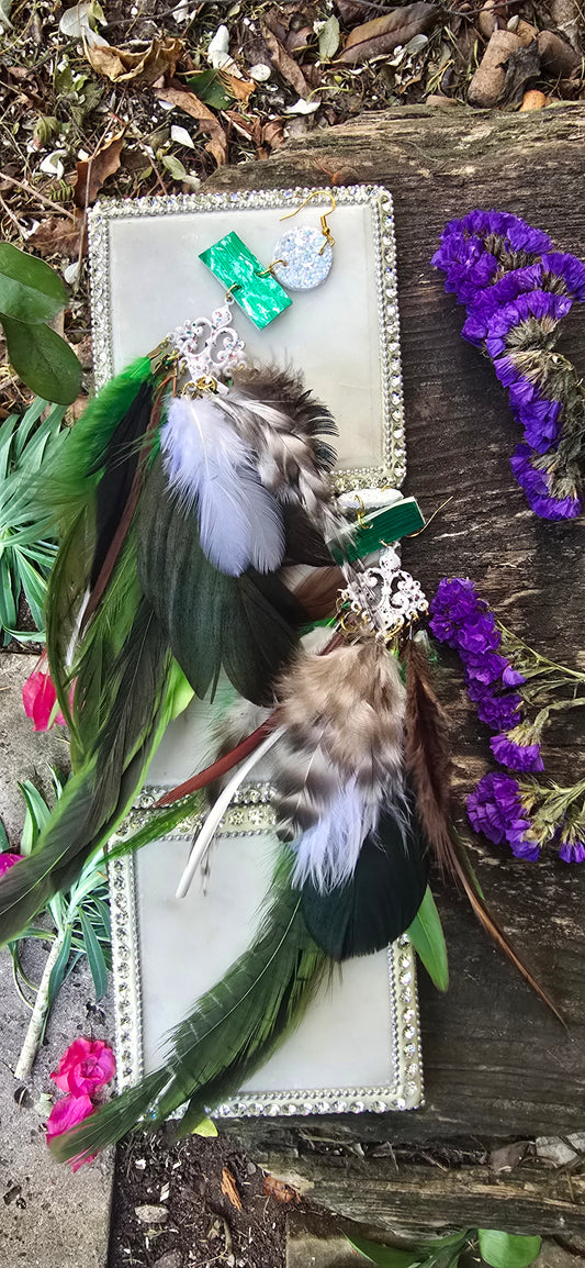 Sharon - Green Boho Feather Earrings - Shop Moxxc