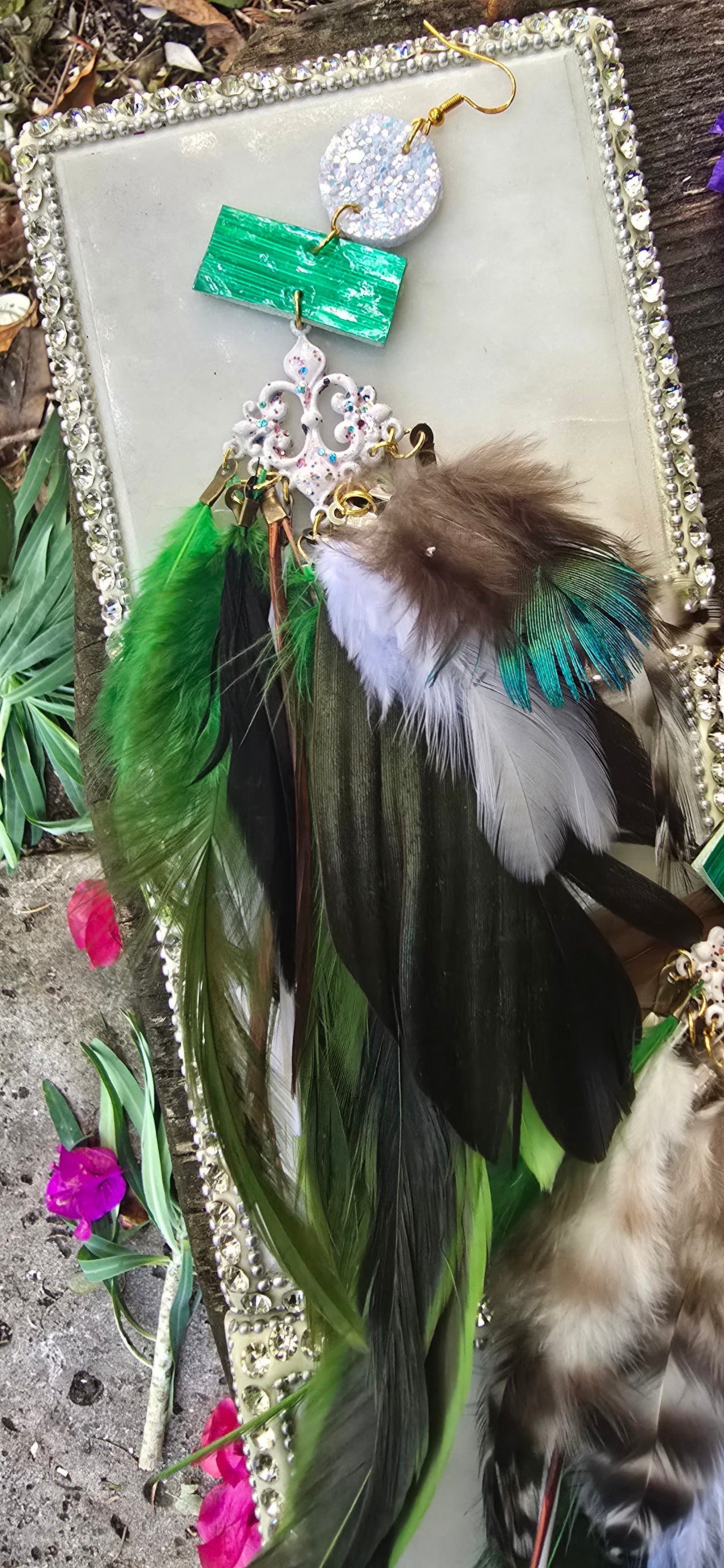 Sharon - Green Boho Feather Earrings - Shop Moxxc