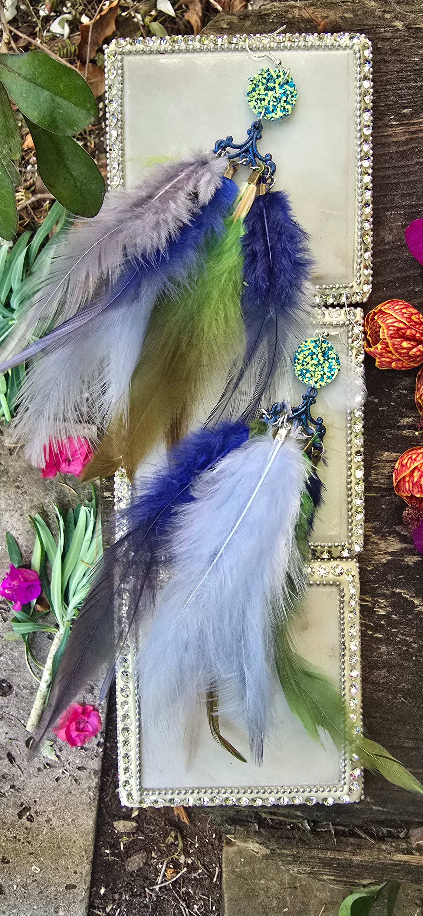 Hilary - Blue Boho Festival Feather Earrings - Shop Moxxc