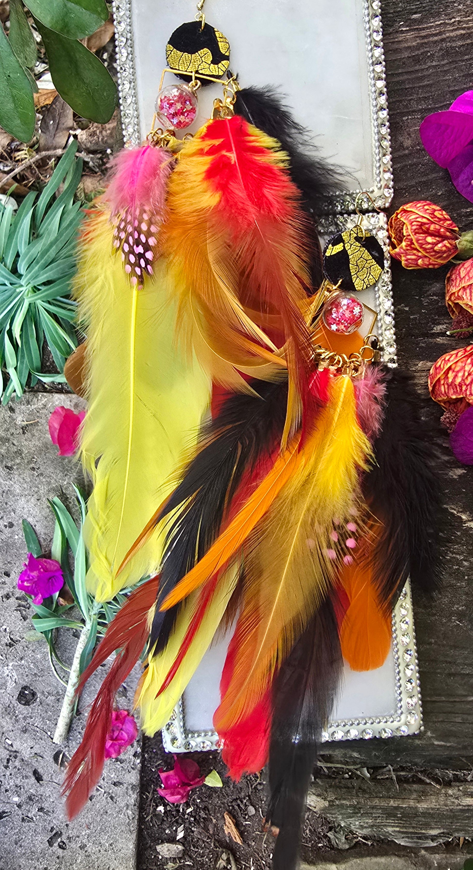 Tricia - Multicolored Festival Feather Earrings - Shop Moxxc