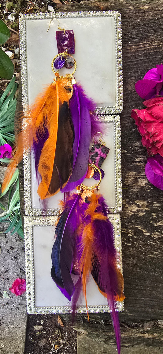 Renee - Purple Orange Animal Print Feather Earrings - Shop Moxxc