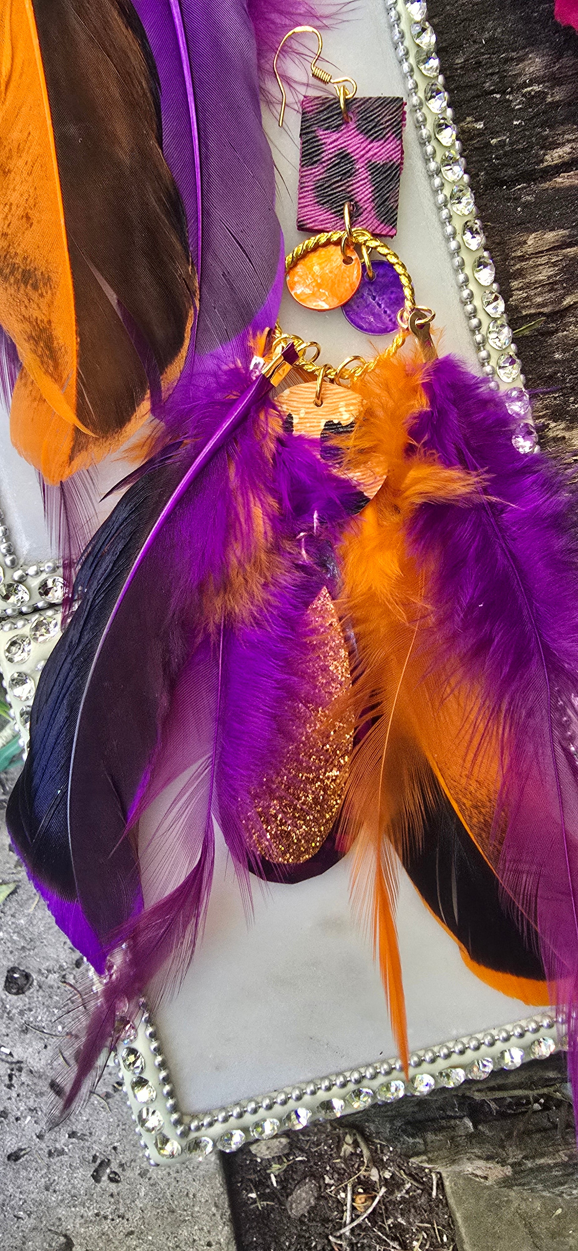 Lauren - Boho Purple Orange Feather Earrings - Shop Moxxc