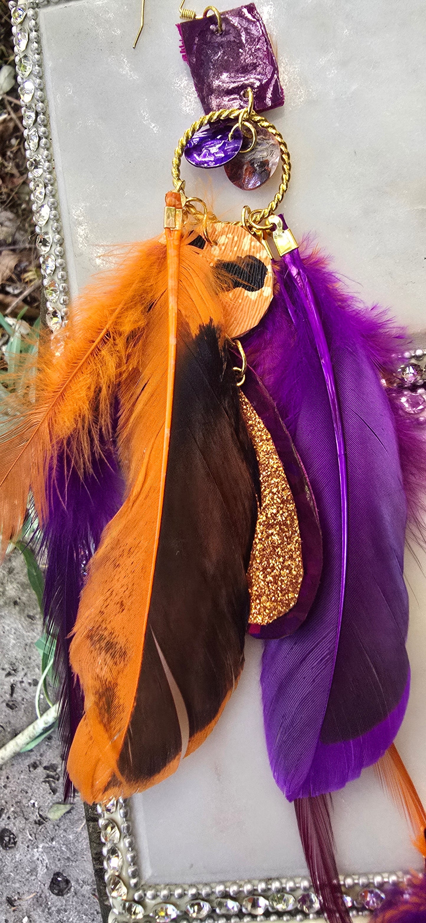 Lauren - Boho Purple Orange Feather Earrings - Shop Moxxc